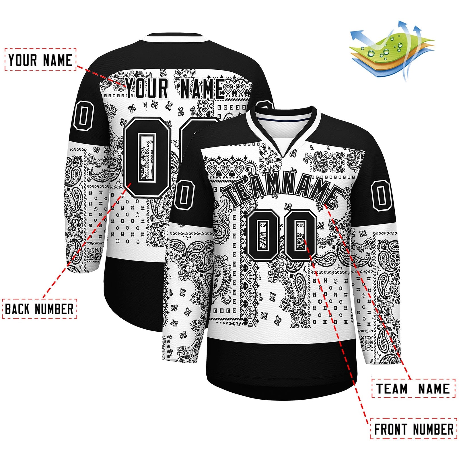 Custom Black White Cashew Flower Graffiti Pattern V-Neck Hockey Jersey