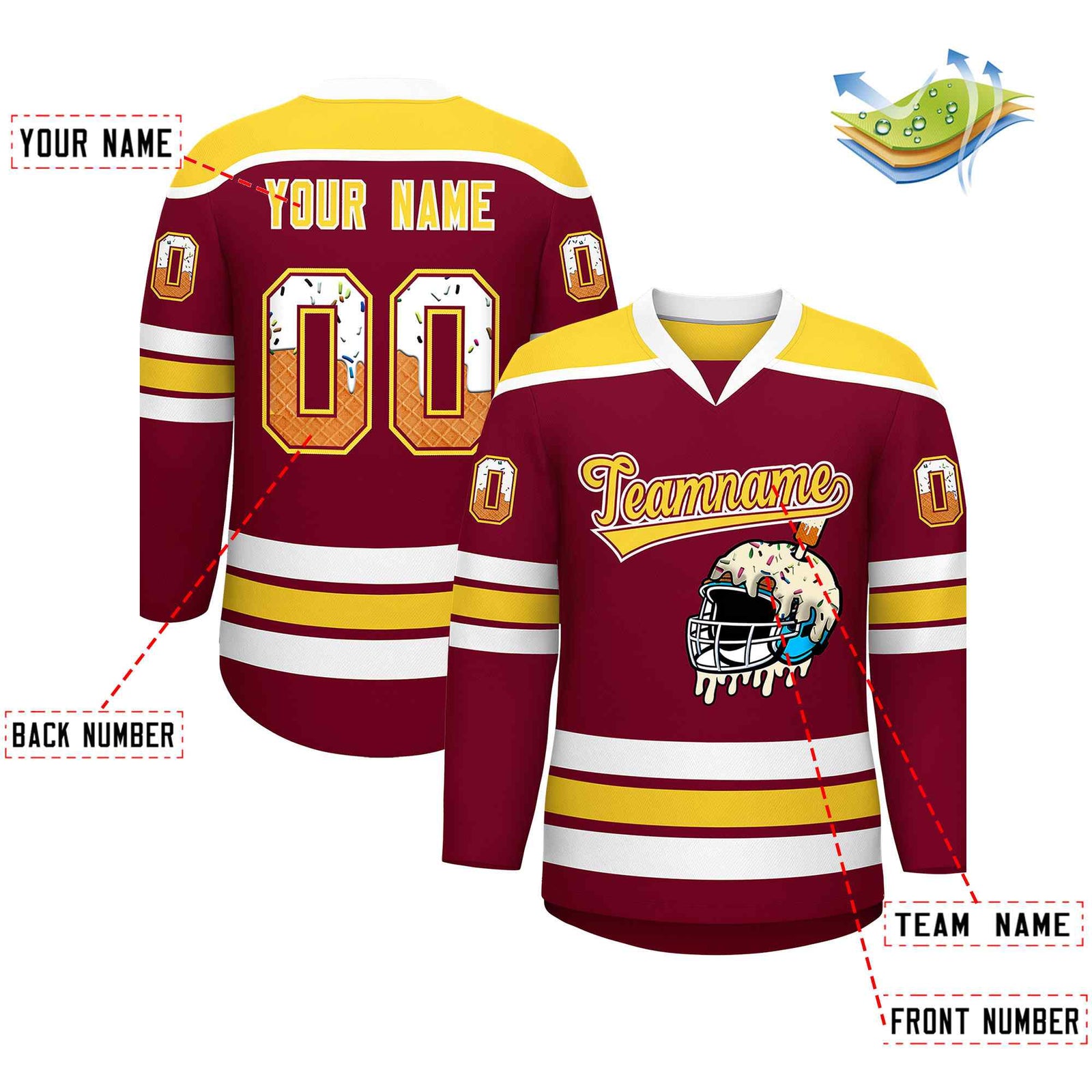 Custom Crimson Gold Ice Cream Helmet Pattern Personalized V-Neck Hockey Jersey