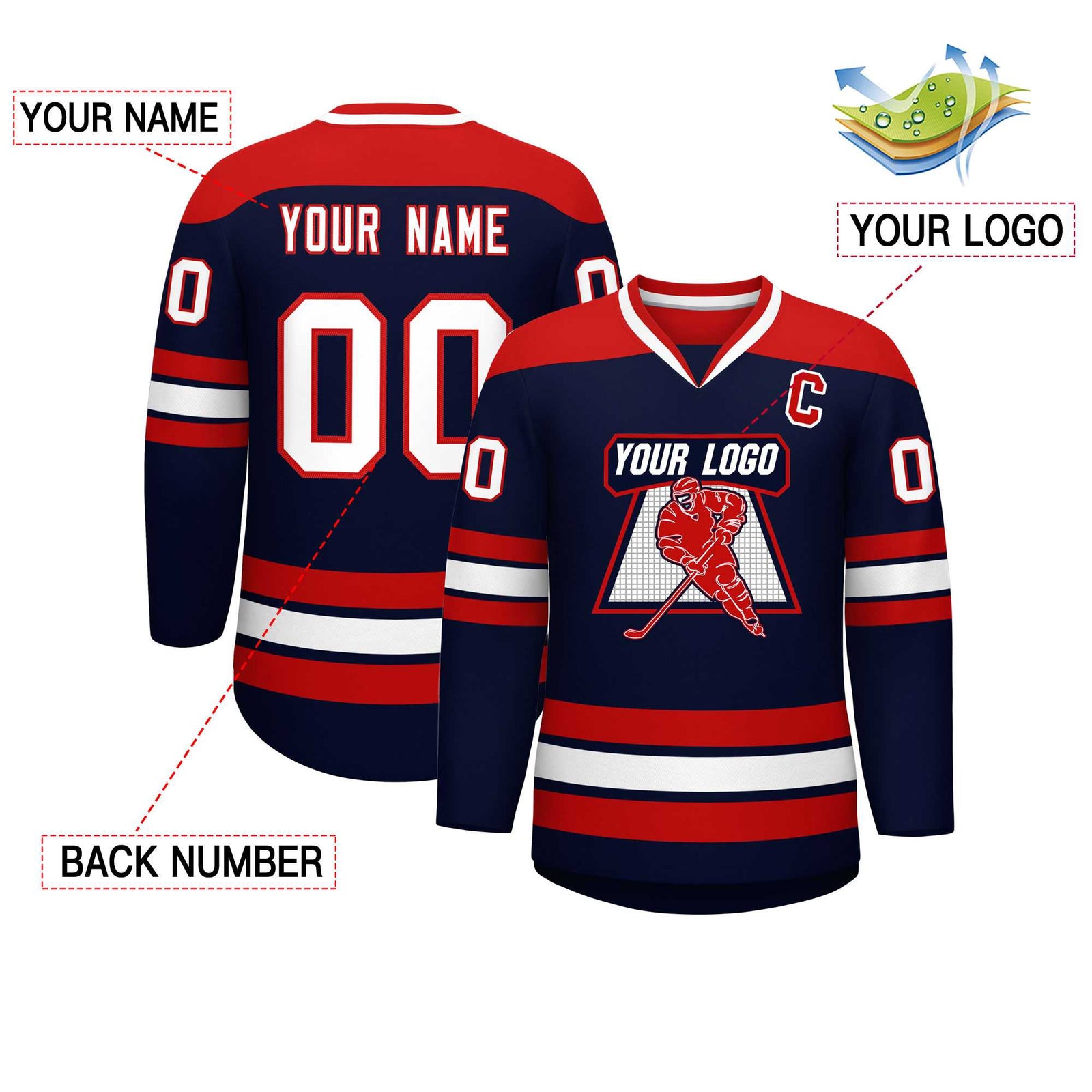 Custom Navy Red-White Personalized Classic V-Neck Hockey Jersey