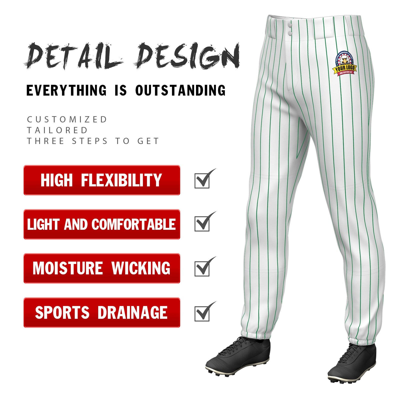 Custom White Kelly Green Pinstripe Fit Stretch Practice Pull Up Baseball Pants