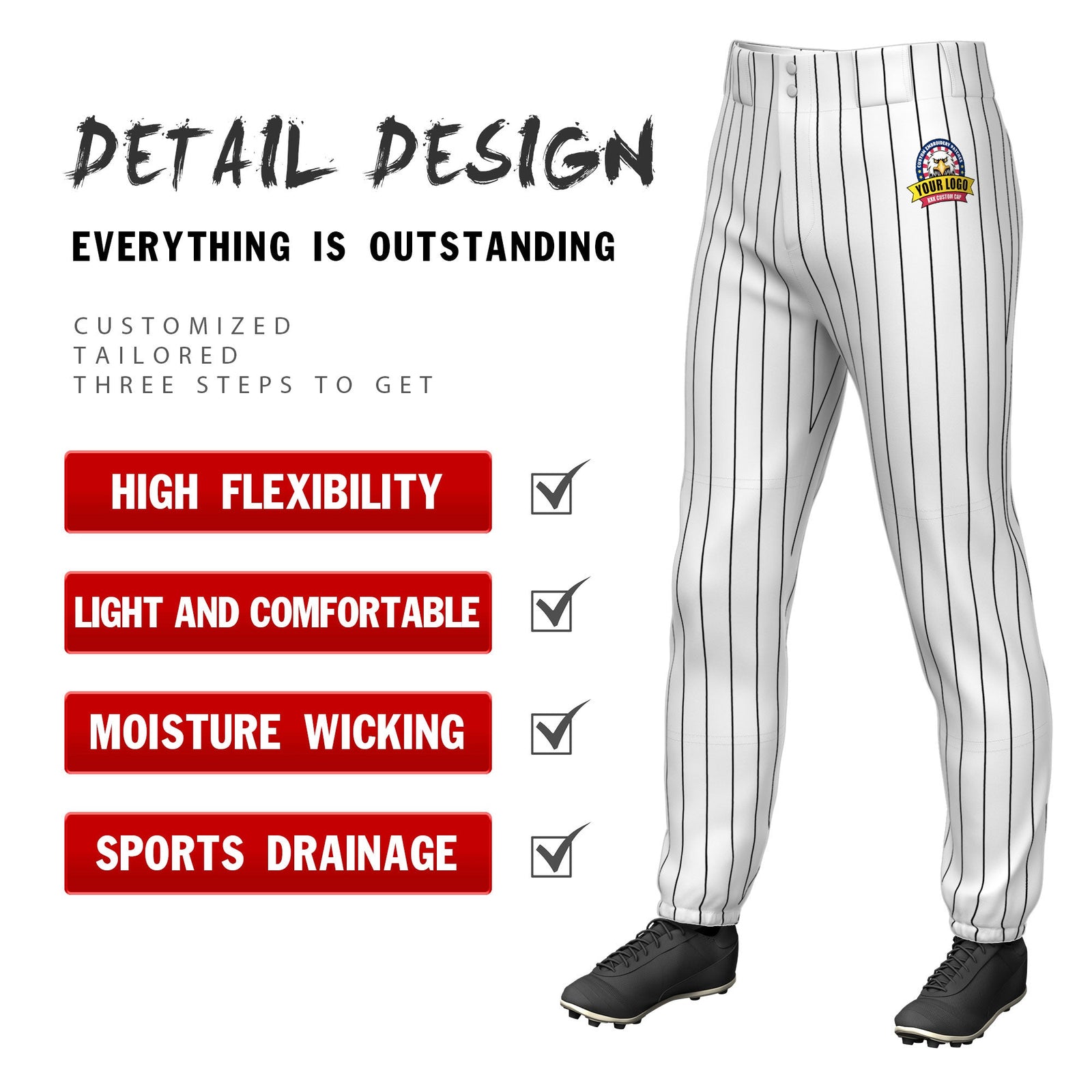 Custom White Black Pinstripe Fit Stretch Practice Pull Up Baseball Pants