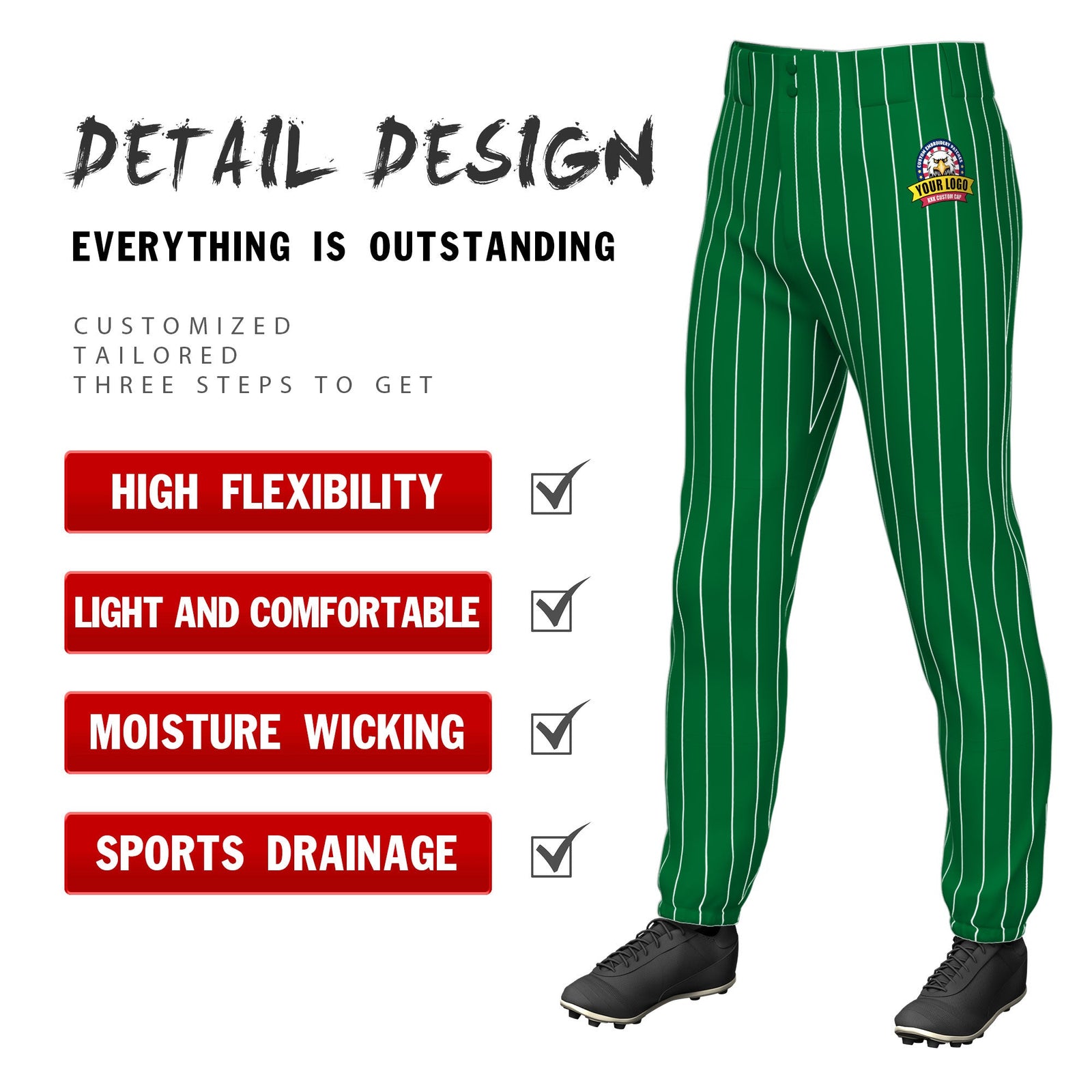 Custom Kelly Green White Pinstripe Fit Stretch Practice Pull Up Baseball Pants