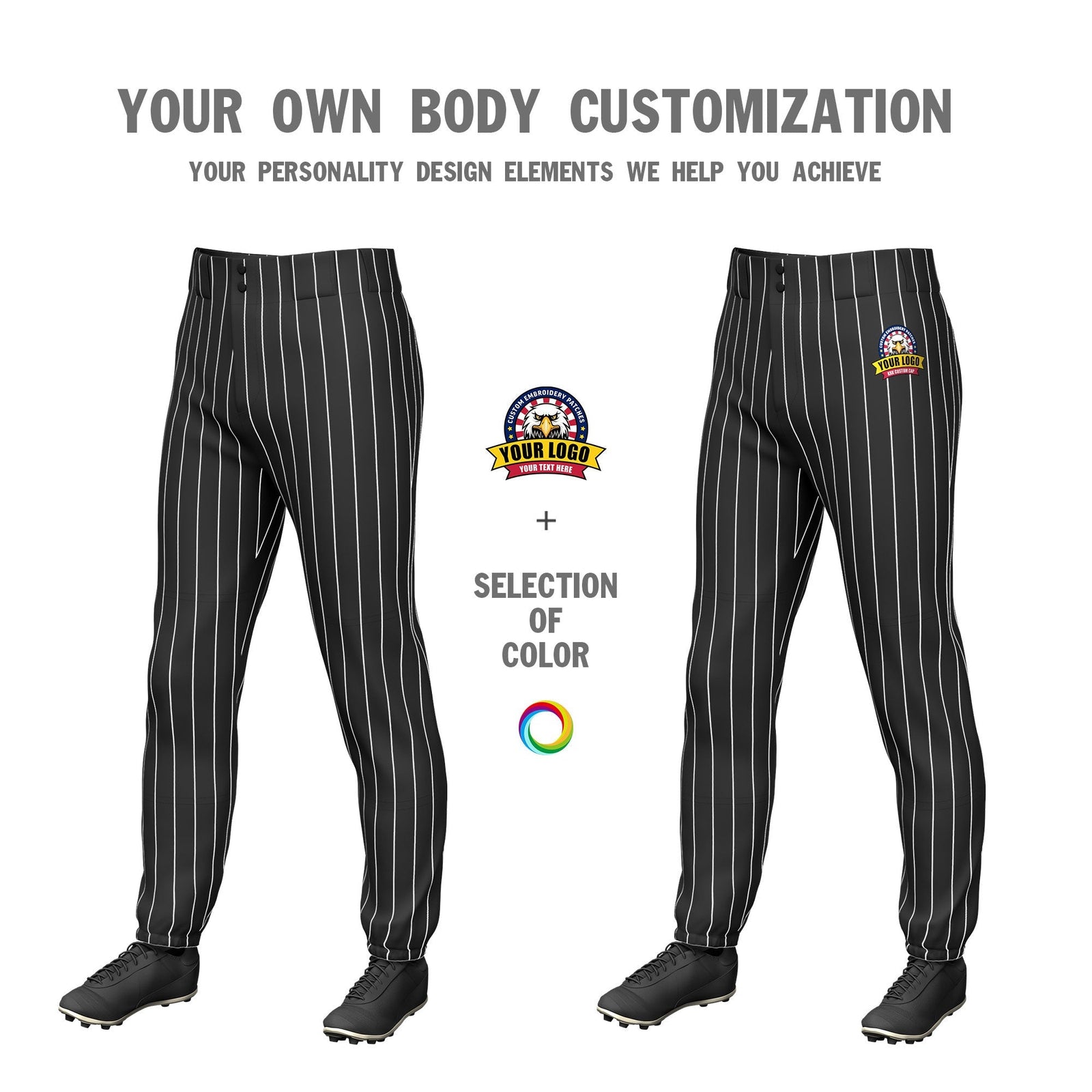 Custom Black White Pinstripe Fit Stretch Practice Pull Up Baseball Pants