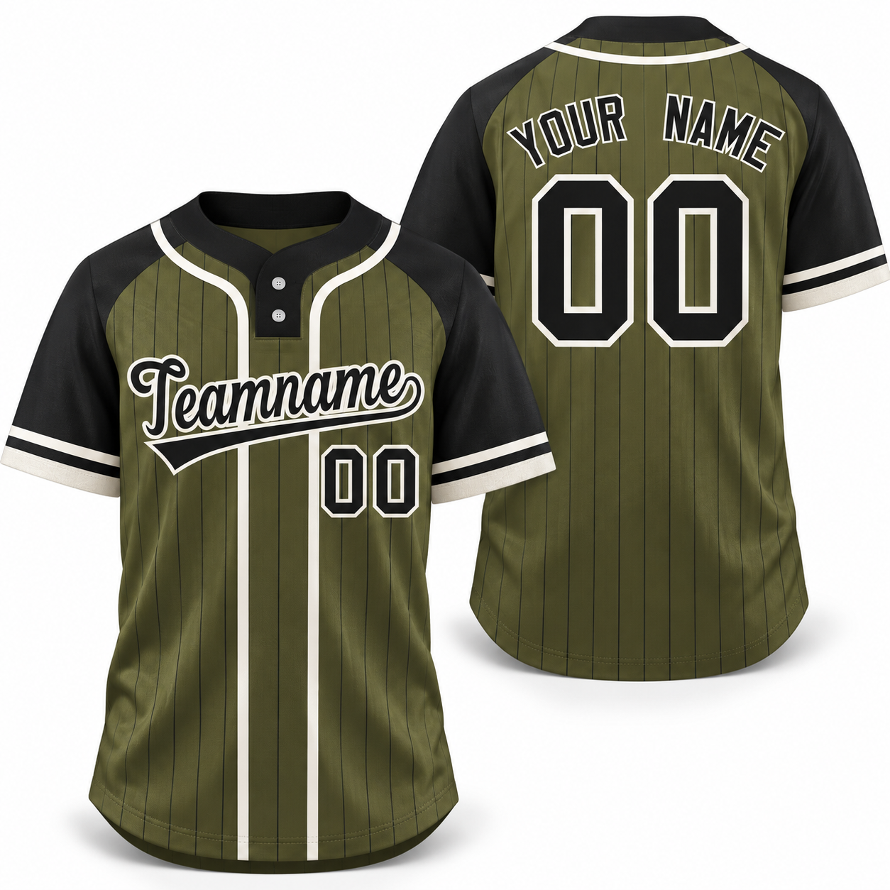 Custom Olive Black-Cream Stripe Fashion Raglan Sleeves Athletic Two-Button Softball Jersey