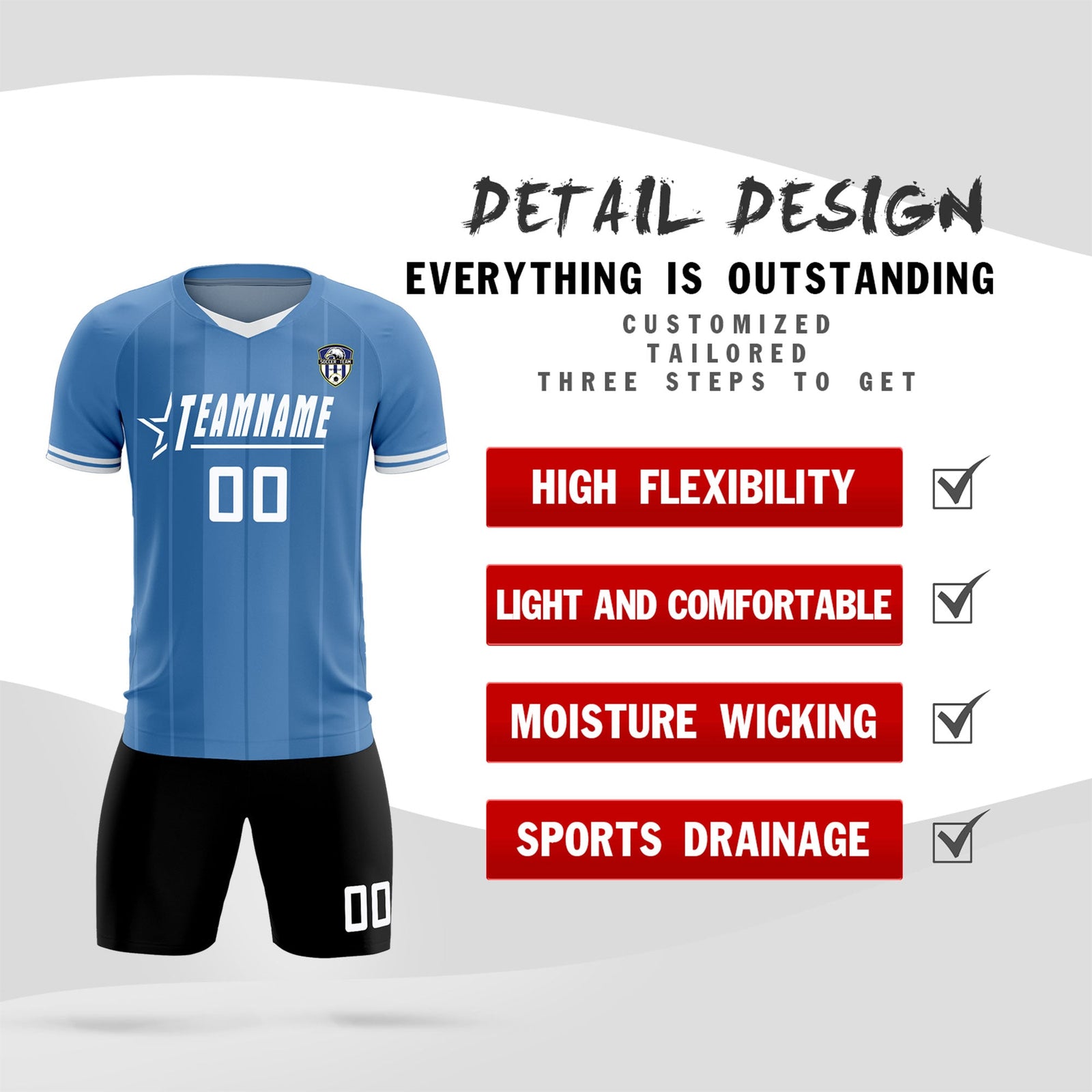 Custom Light Blue Classic Striped Personalized Soccer Tops/Sets Jersey