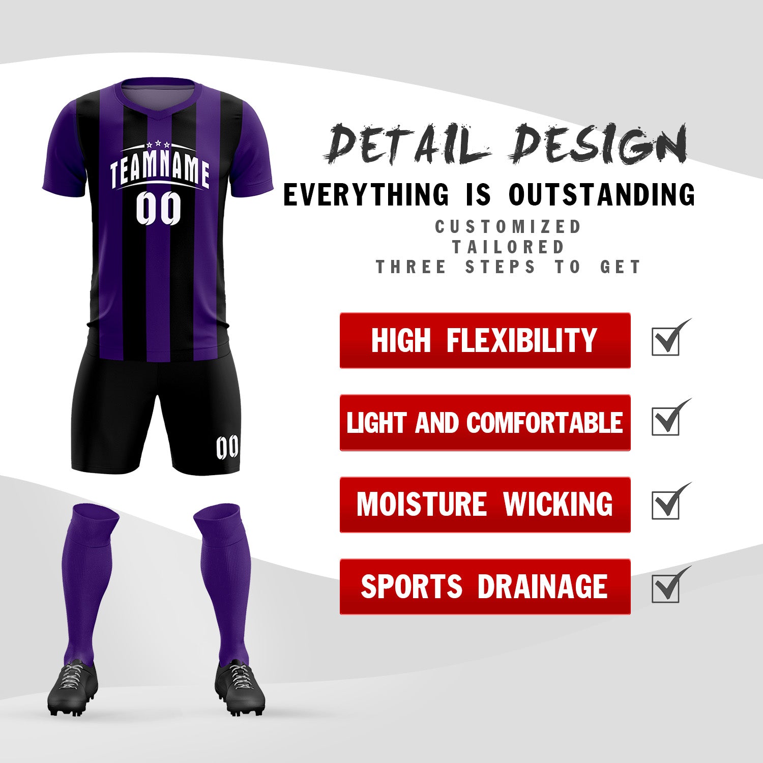 Custom Purple Black Vertical Stripes Casual Outdoor Soccer Sets Jersey