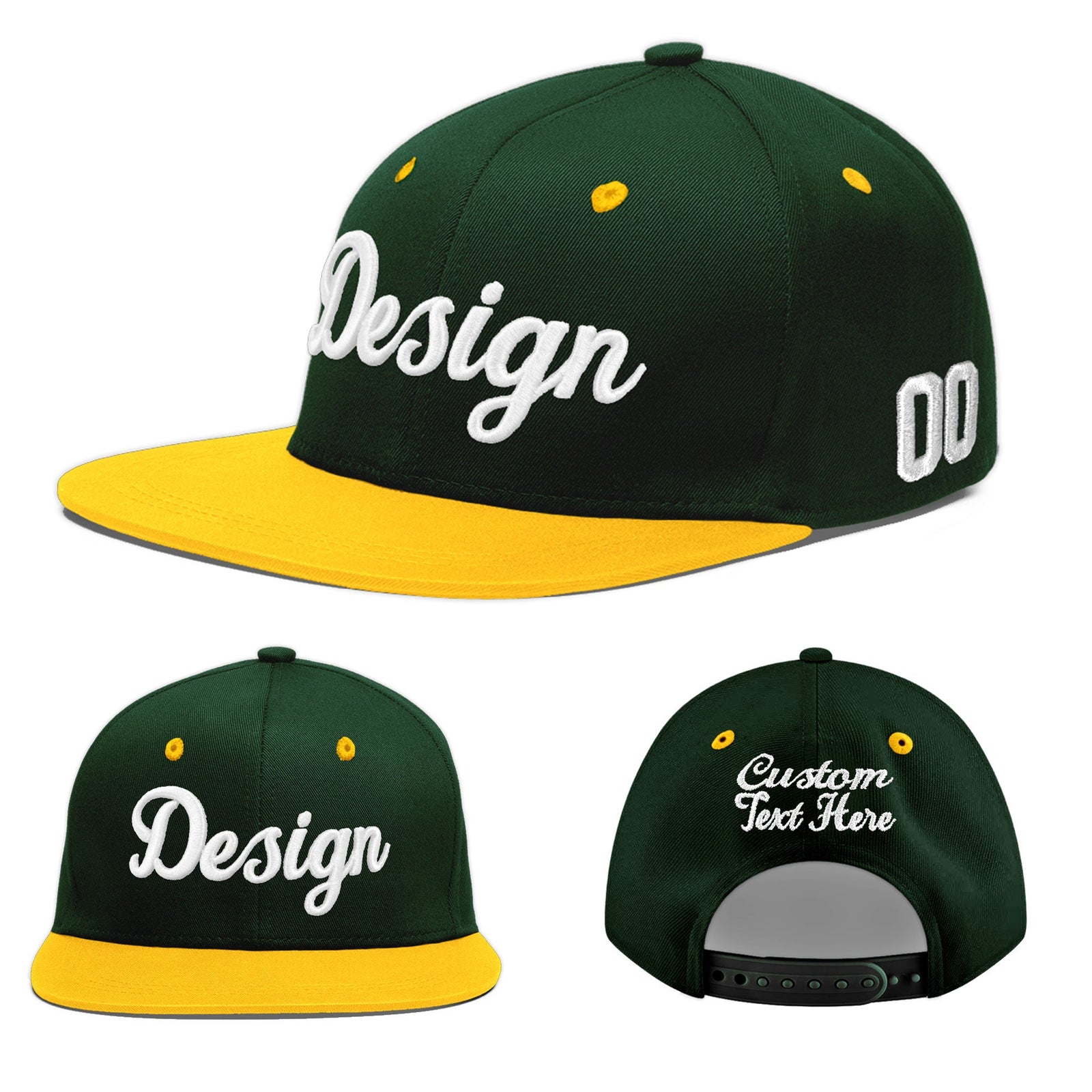 Custom Green Gold 3D Puff Embroidery Flat Embroidery Casual Sport Baseball Cap