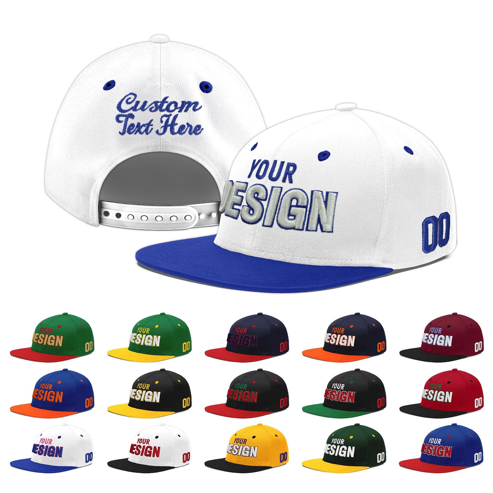 Custom White Royal Blue 3D Puff Embroidery Flat Embroidery Casual Sport Baseball Cap