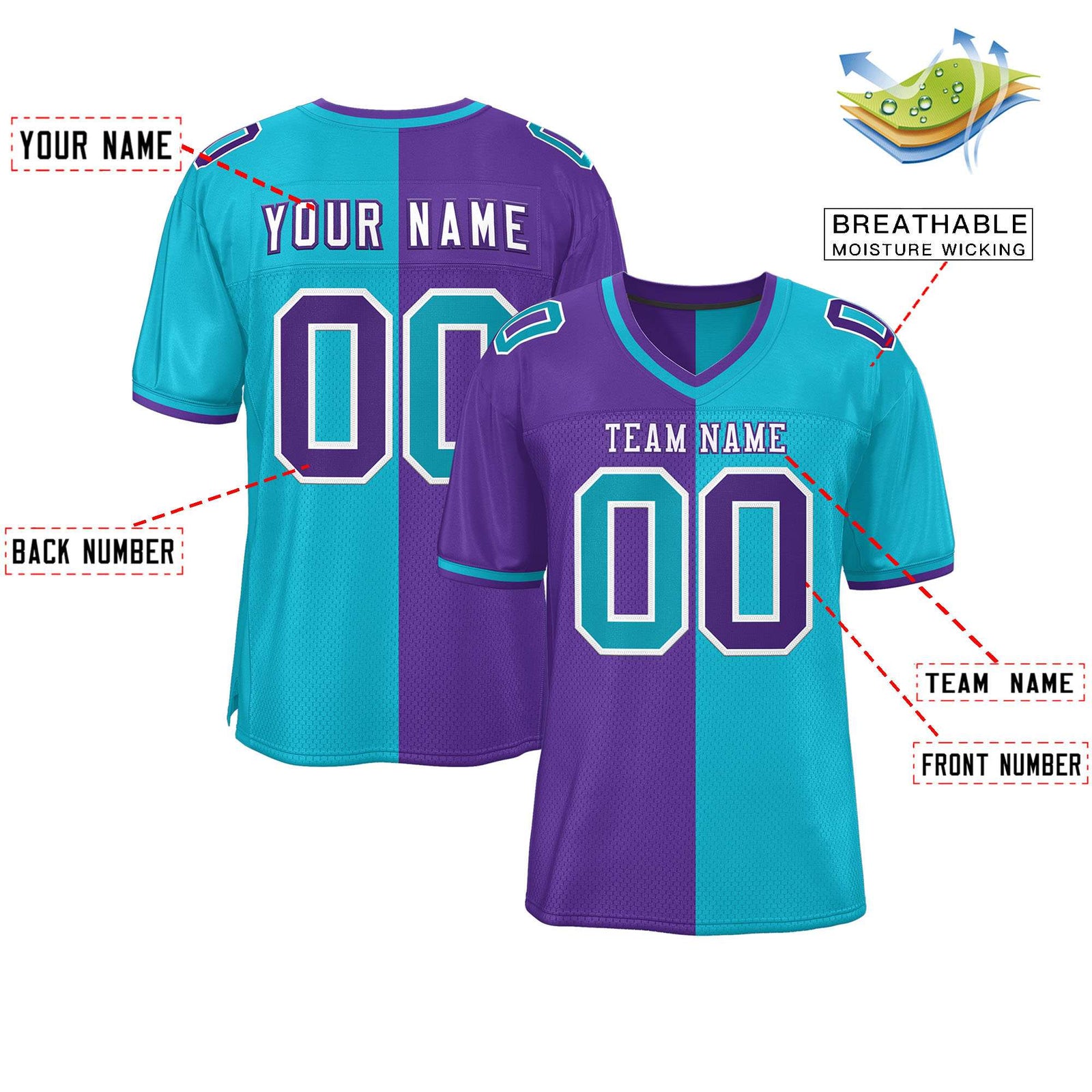 Custom Purple Sky Blue Personalized Split Two Tone Design Authentic Football Jersey