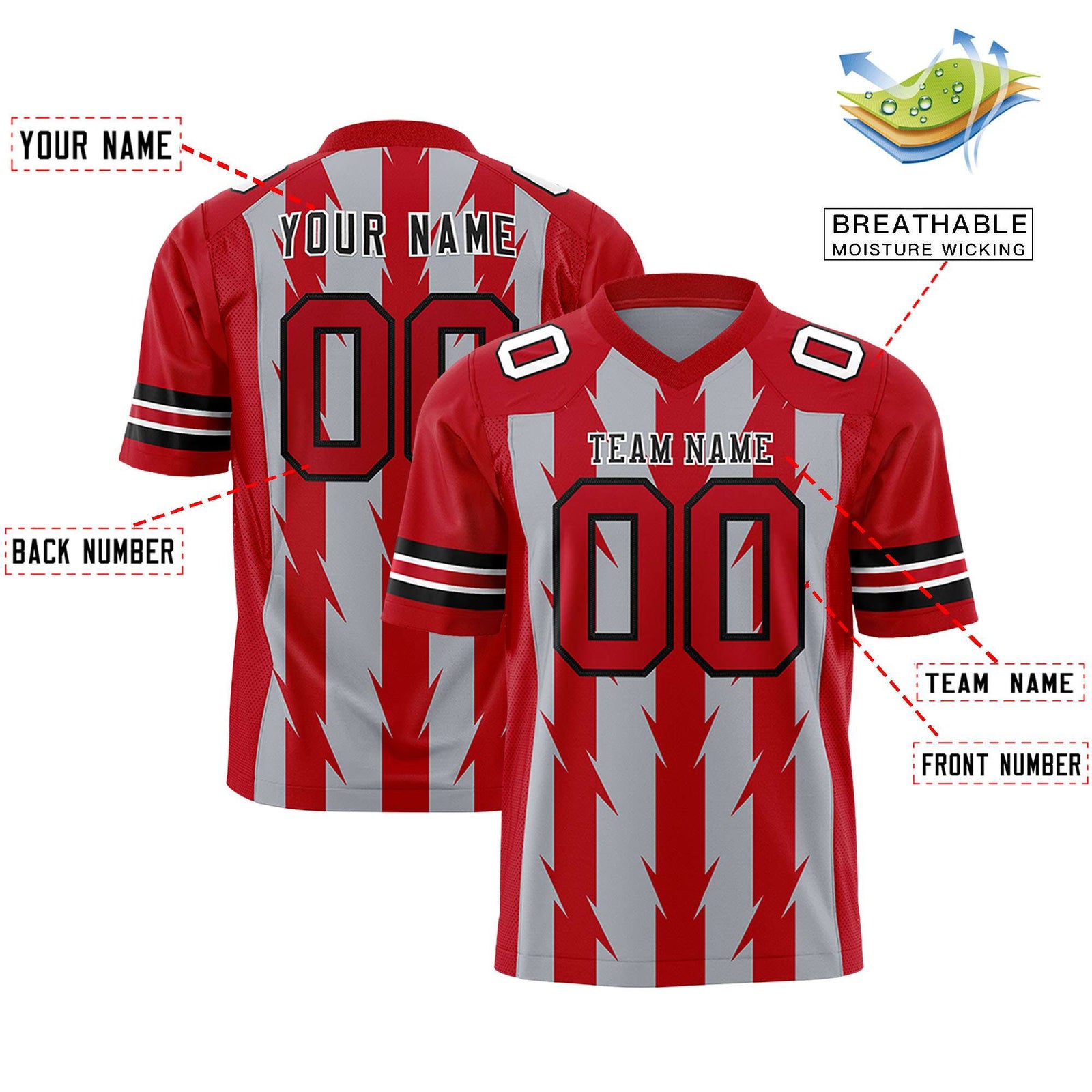 Custom Gray Red Personalized Razr Stripe Graffiti Pattern Flag Football Jersey