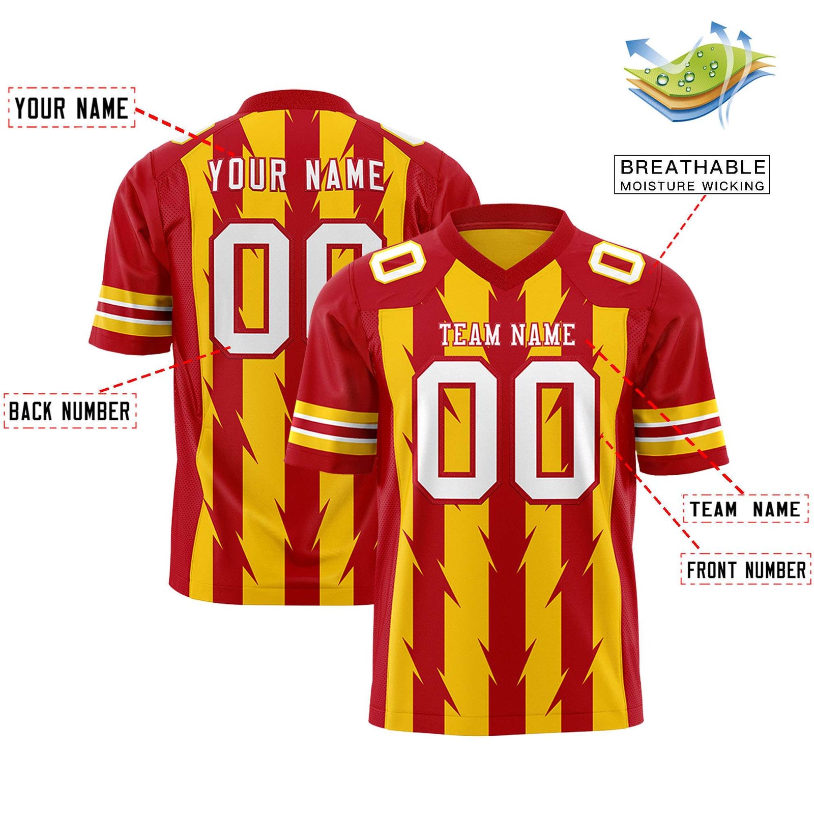 Custom Gold Red Personalized Razr Stripe Graffiti Pattern Flag Football Jersey
