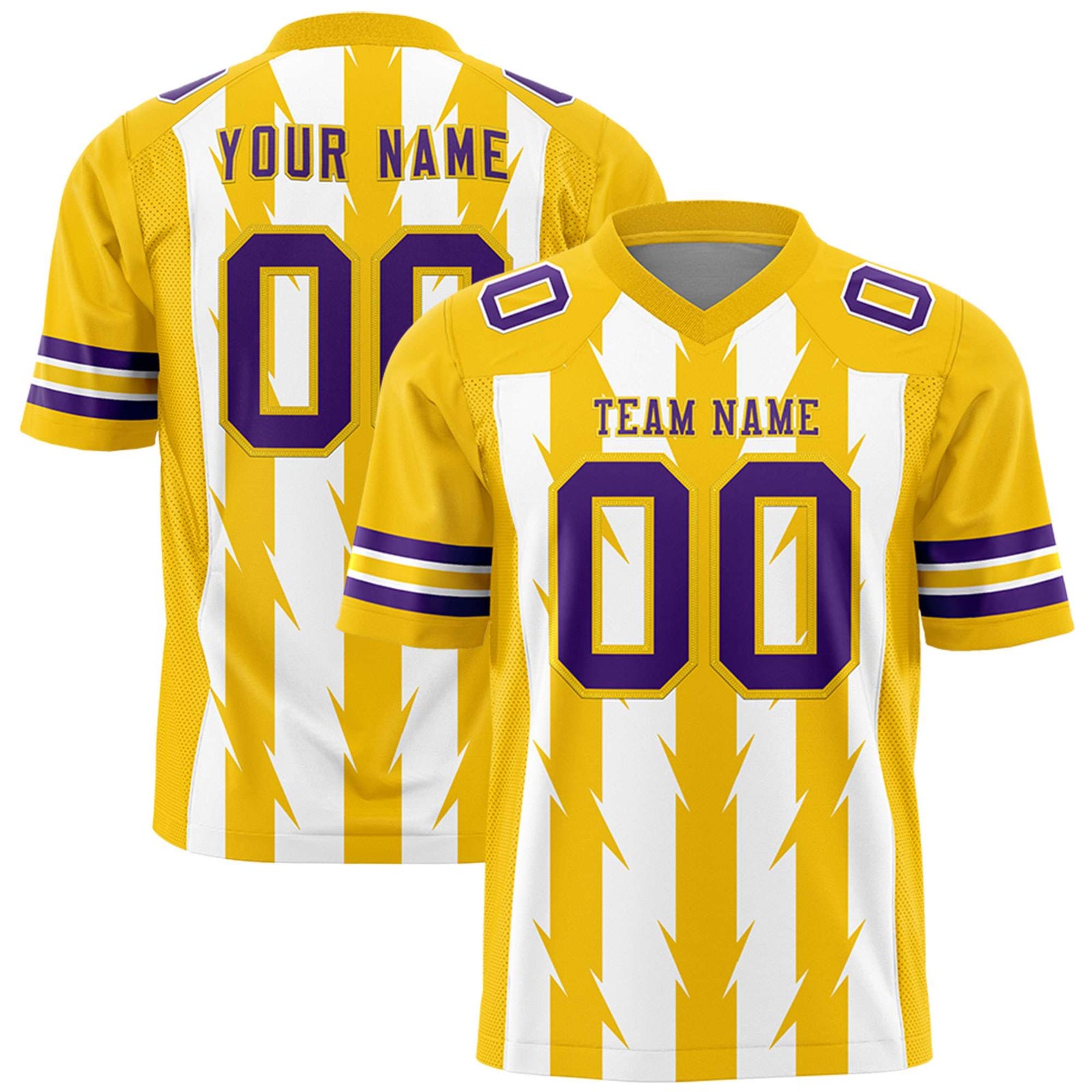 Custom White Gold Personalized Razr Stripe Graffiti Pattern Flag Football Jersey