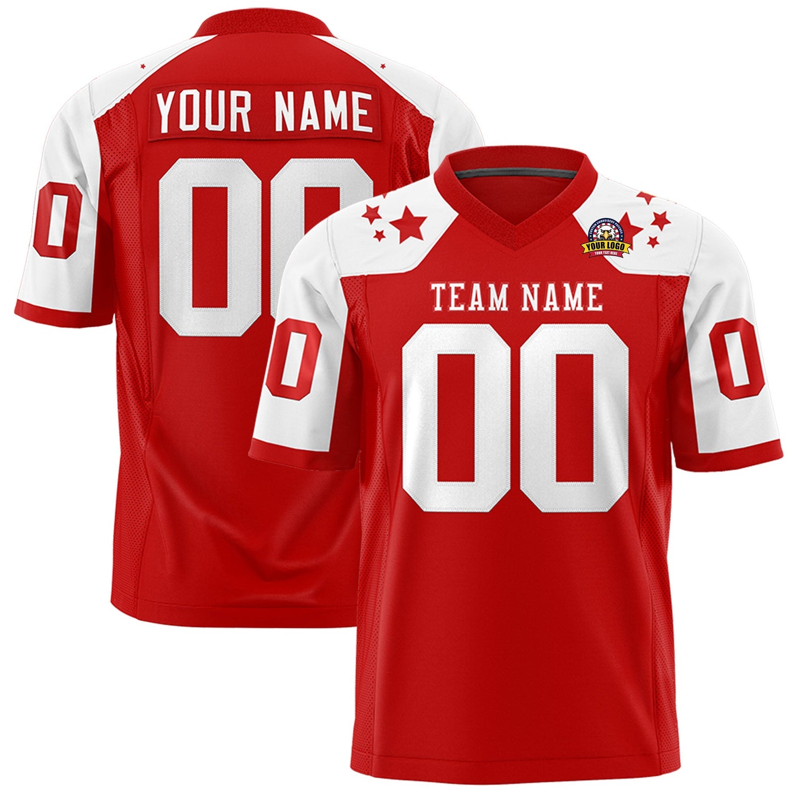 Custom Red White Personalized Shoulder Star Pattern Flag Football Jersey