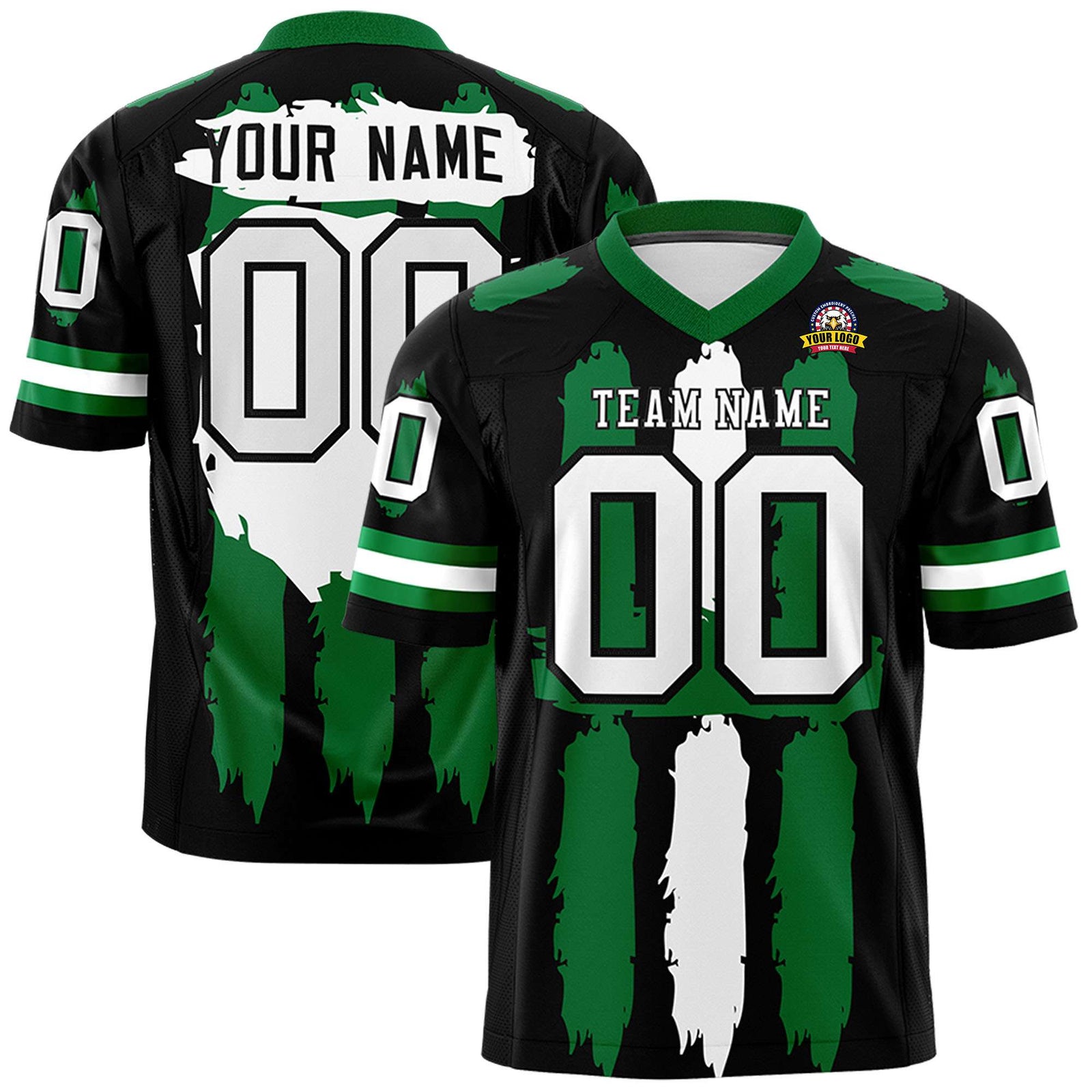 Custom Black Kelly Green and White Graffiti Pattern Flag Football Jerseys