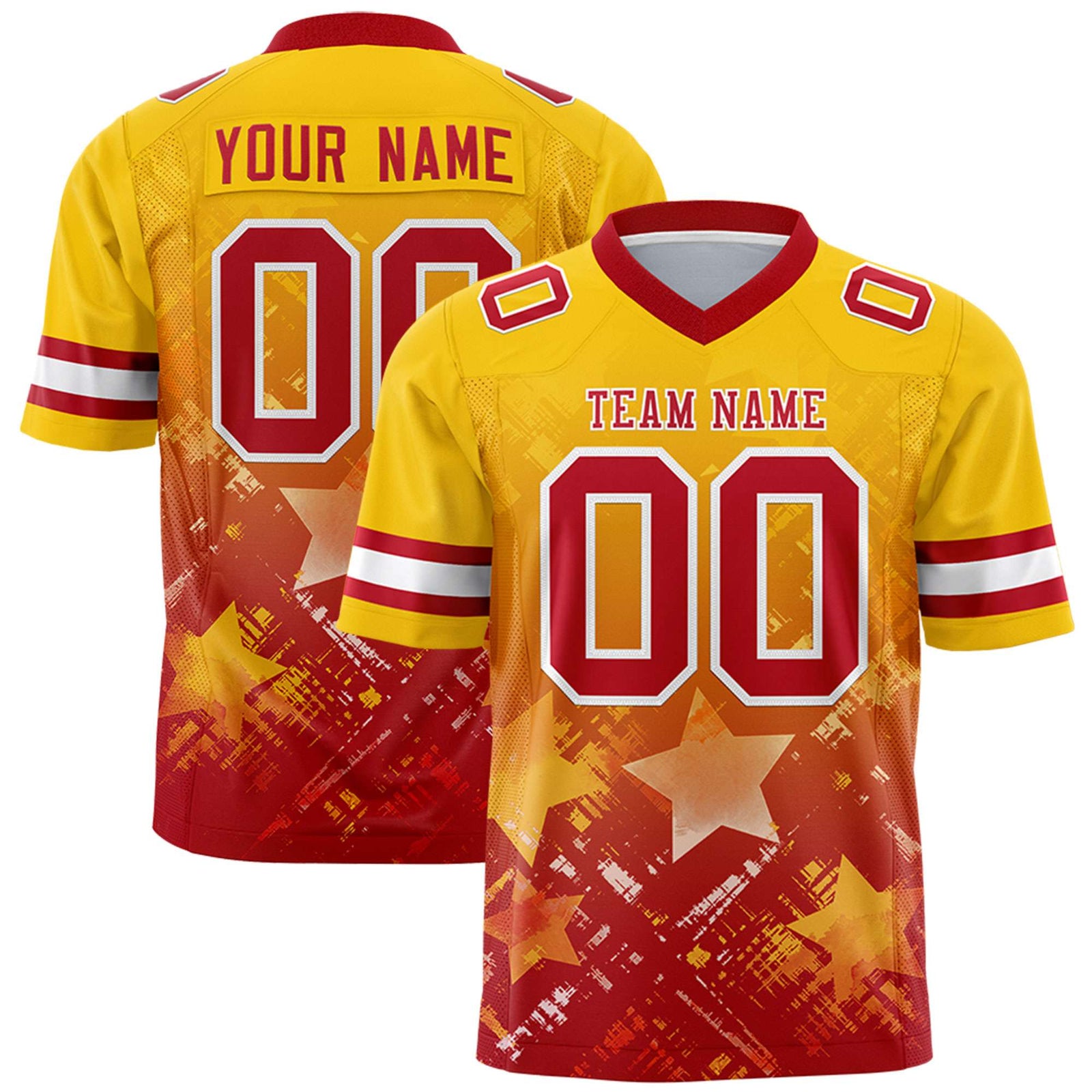 Custom Gold Red Personalized Star Gradient Flag Football Jersey