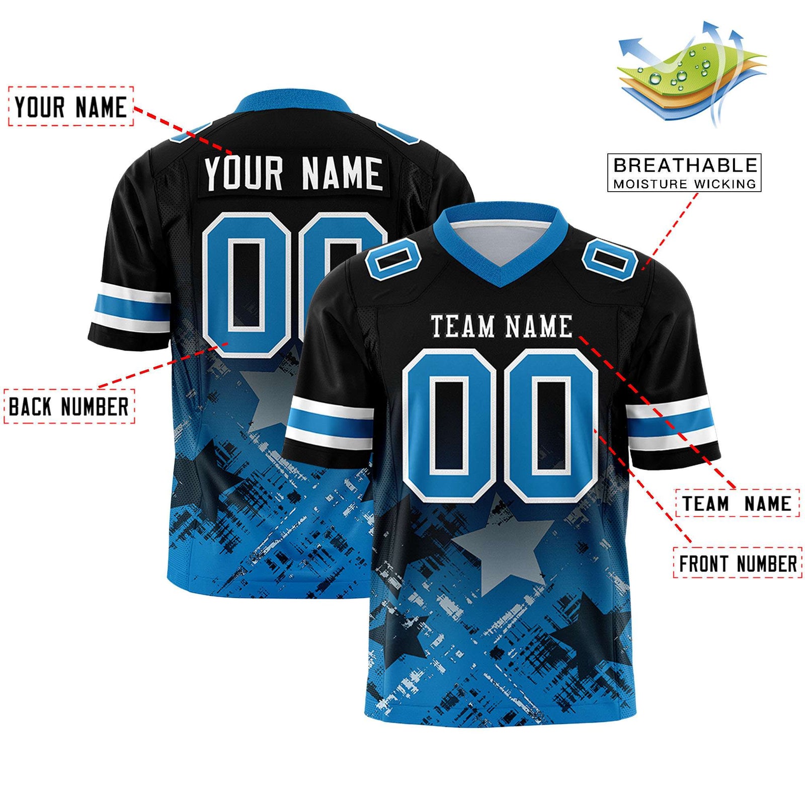 Custom Black Panther Blue Personalized Star Gradient Flag Football Jersey