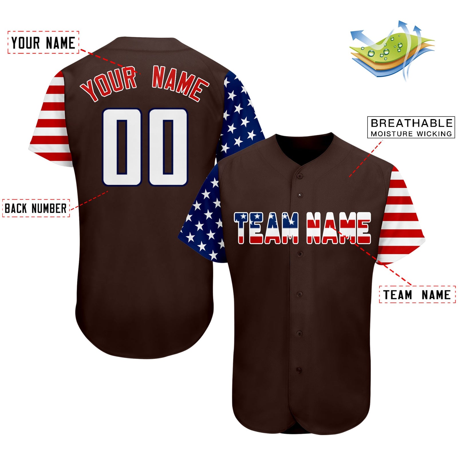 Custom Brown White-Navy American Flag Authentic Baseball Jersey