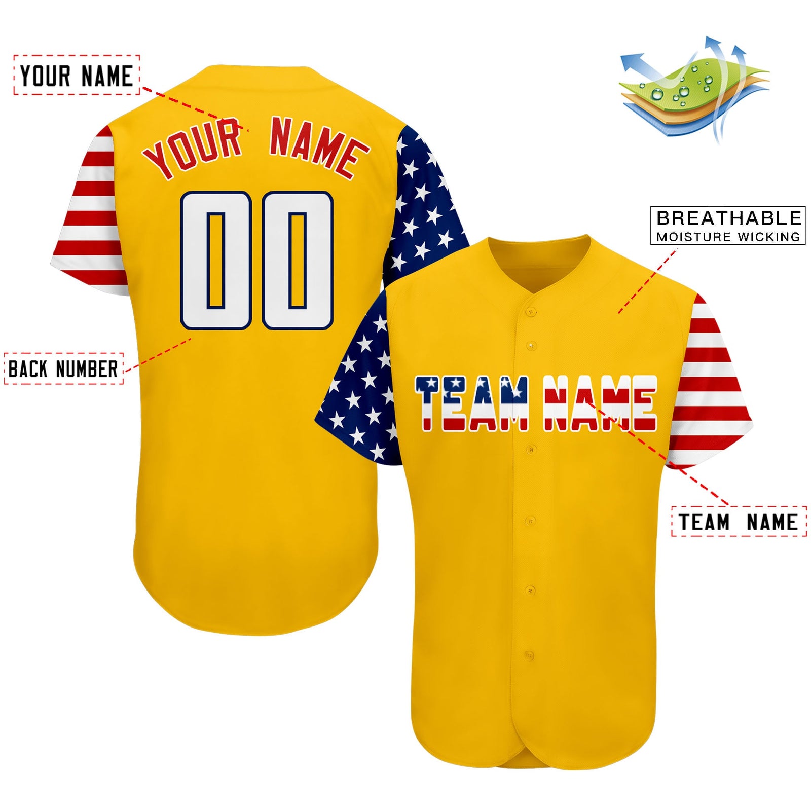 Custom Gold White-Navy American Flag Authentic Baseball Jersey