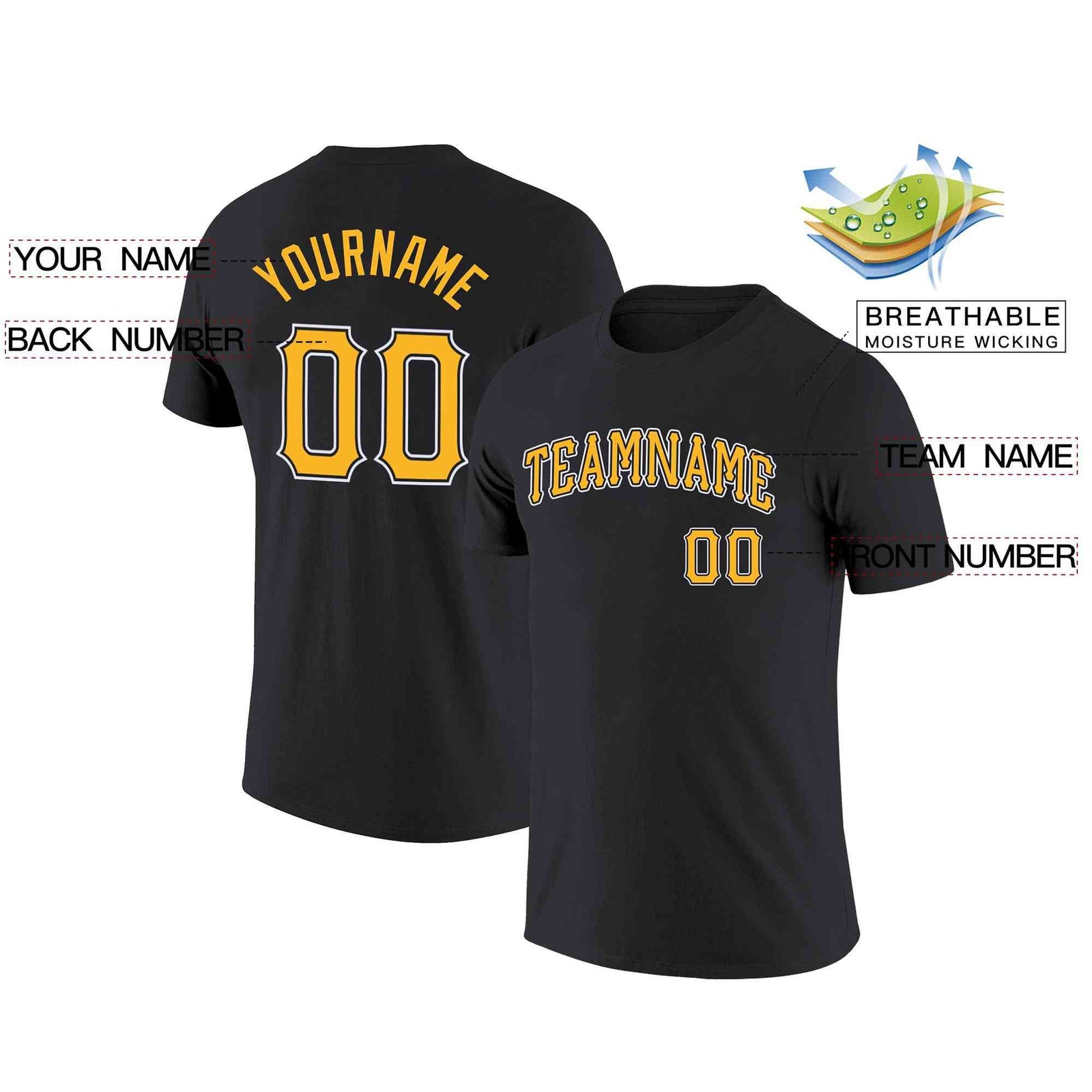 Custom Black Yellow-White Classic Style Crew neck T-Shirts Full Sublimated
