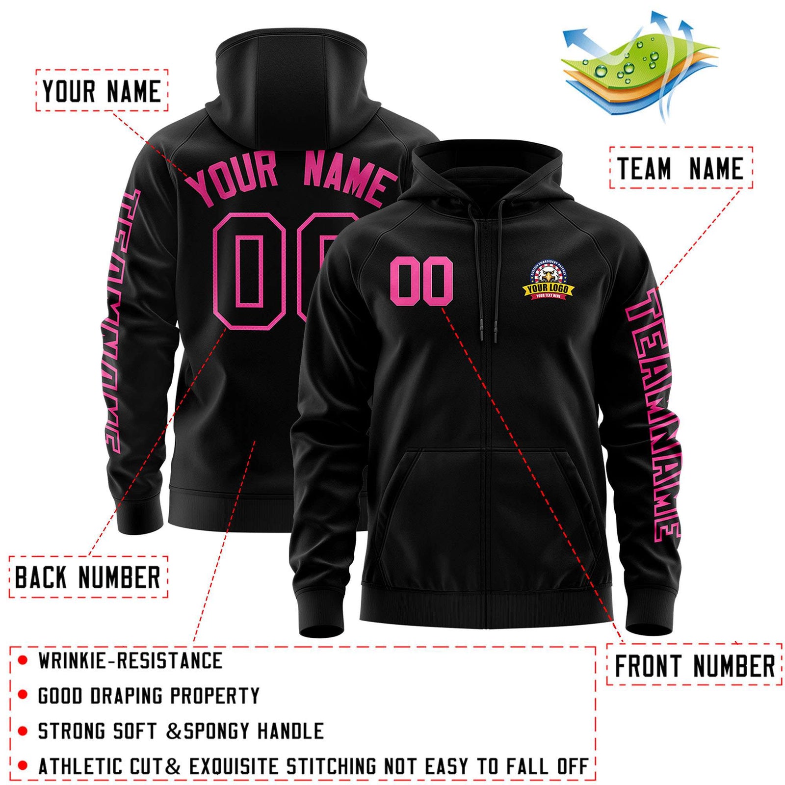 Custom Black Pink Varsity Full-Zip Letterman Classic Jacket Hoodie
