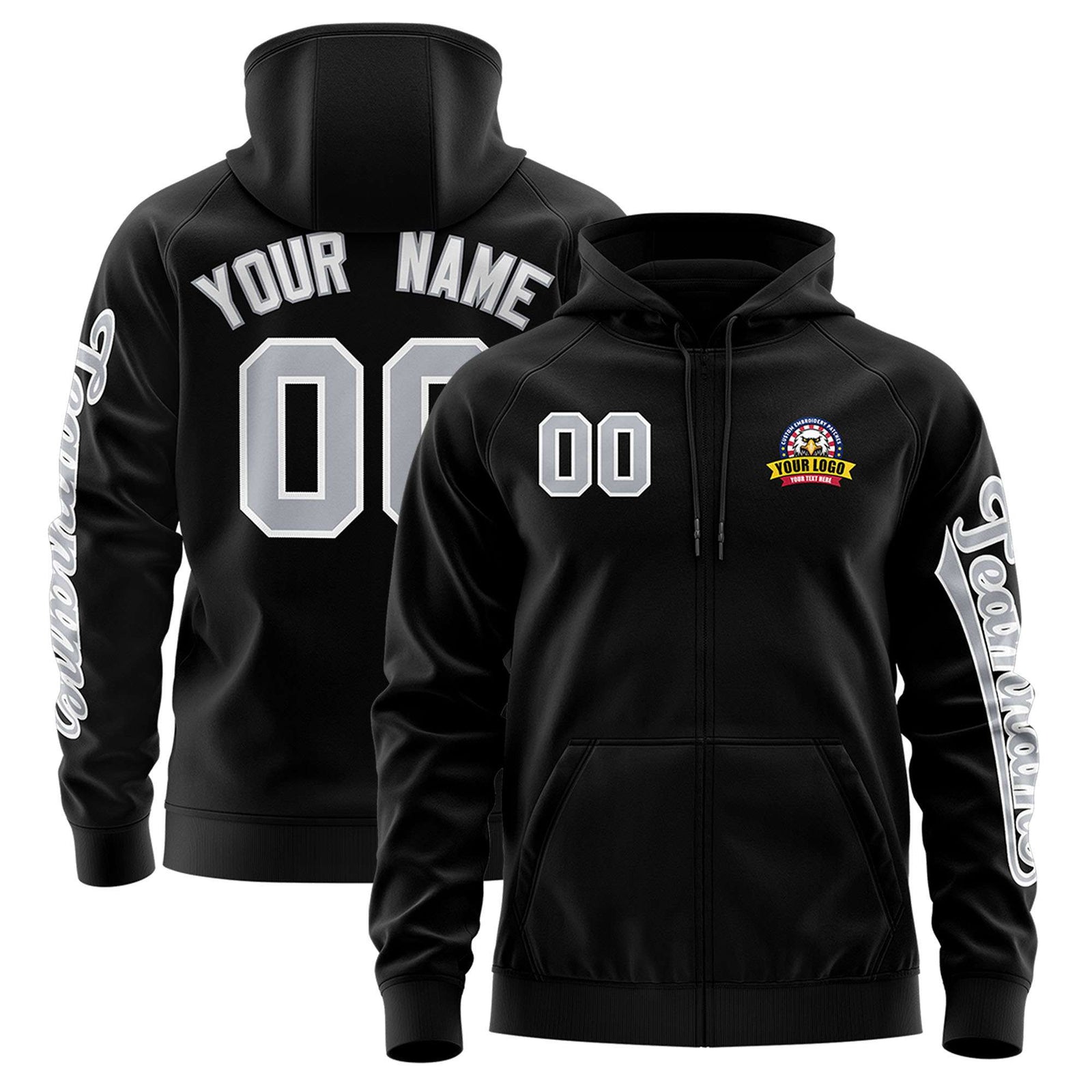 Custom Black Gray Varsity Full-Zip Letterman Classic Jacket Hoodie