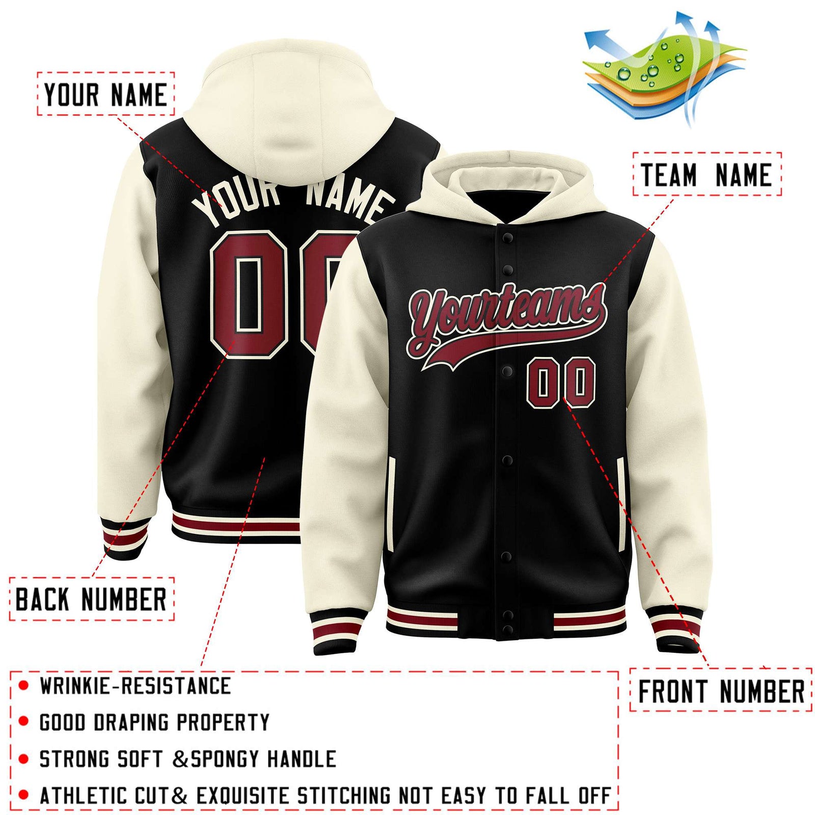Custom Black Cream Raglan Sleeves Varsity Full-Snap Letterman Two Tone Jacket Hoodie