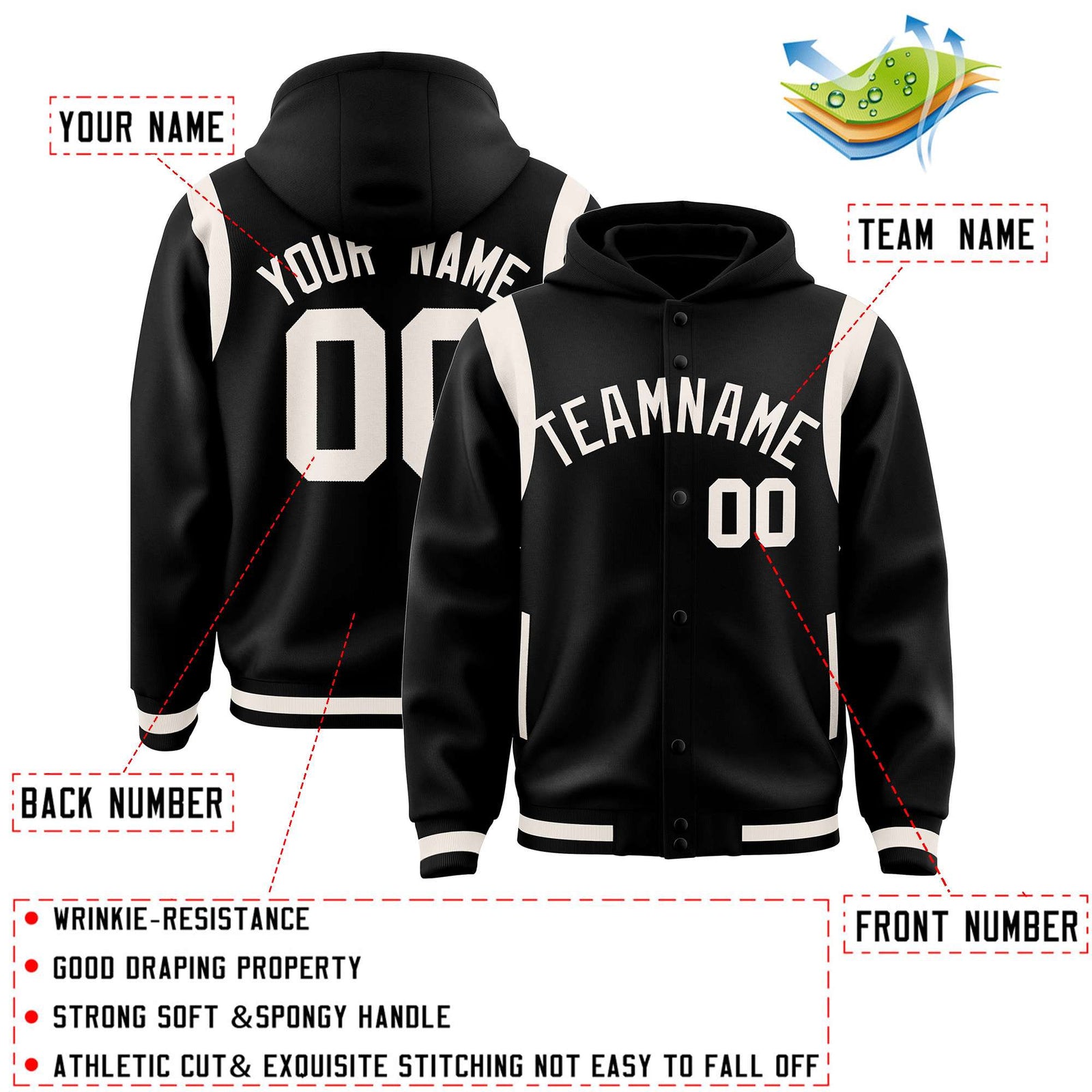 Custom Black Cream Varsity Full-Snap Letterman Shoulder Color Block Jacket Hoodie
