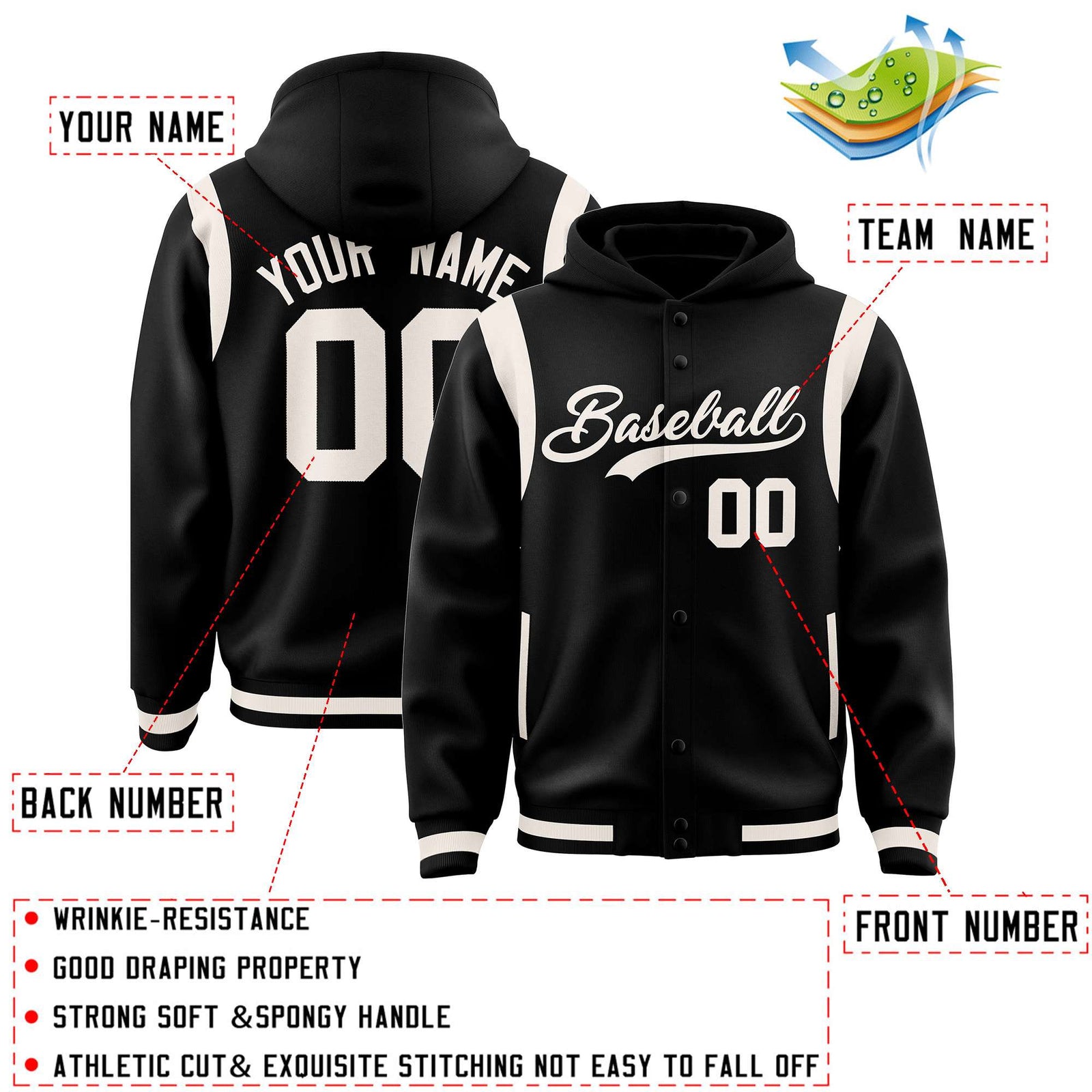 Custom Black Cream Varsity Full-Snap Letterman Shoulder Color Block Jacket Hoodie