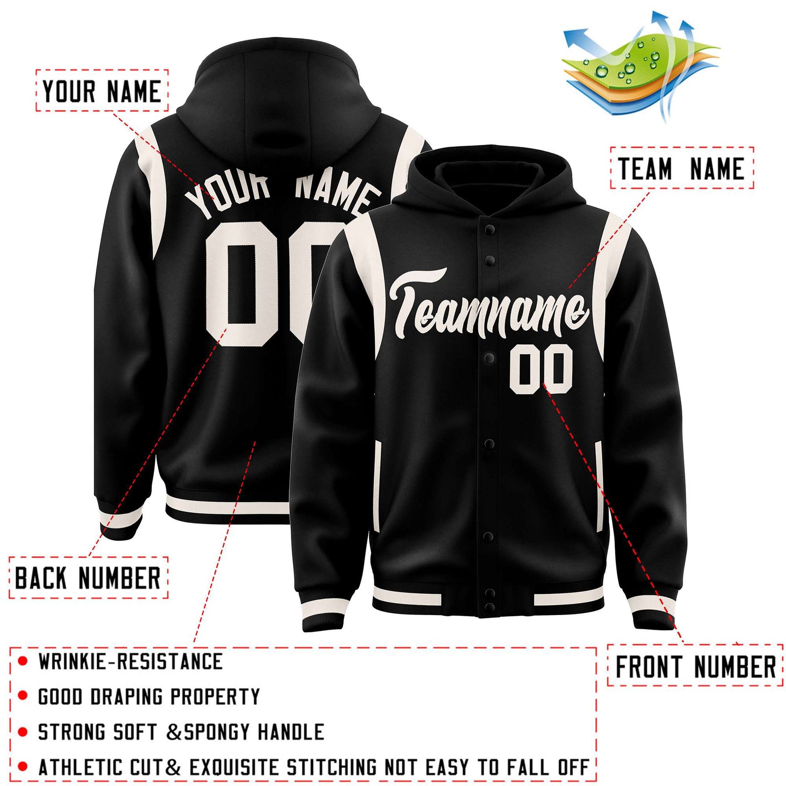 Custom Black Cream Varsity Full-Snap Letterman Shoulder Color Block Jacket Hoodie