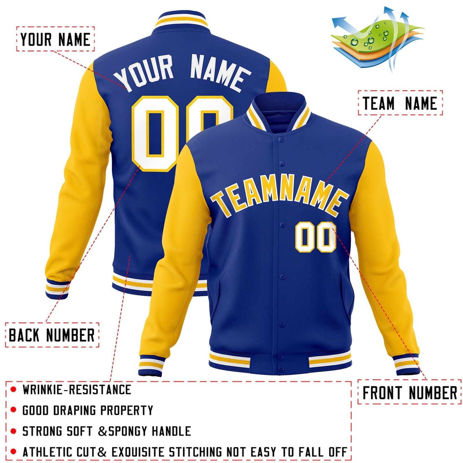 Custom Royal Gold-White Raglan Sleeves Varsity Full-Snap Letterman Jacket