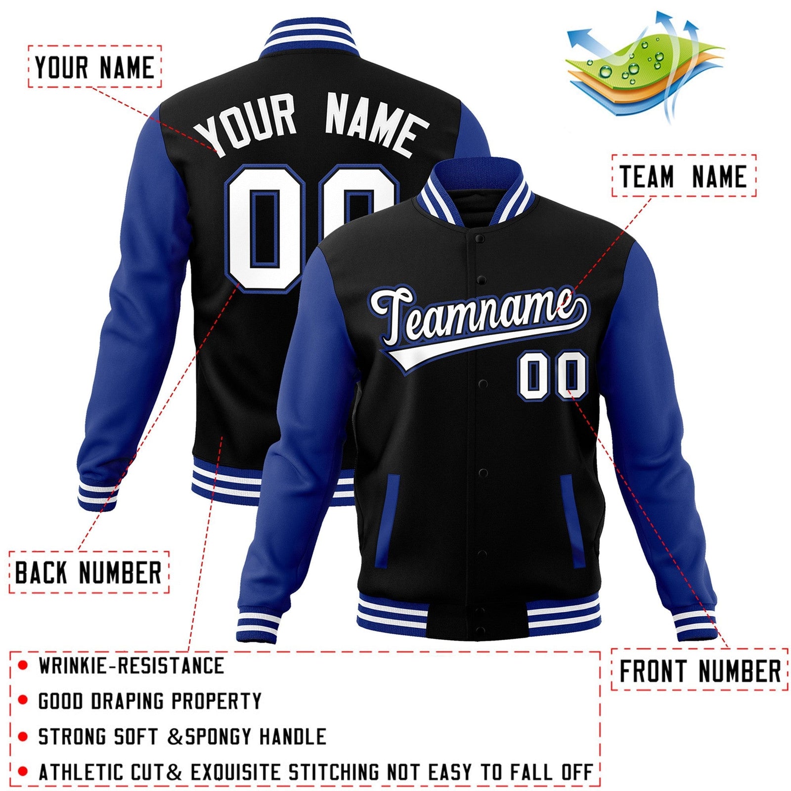 Custom Stitched Varsity Raglan Sleeves Letterman Baseball Jacket
