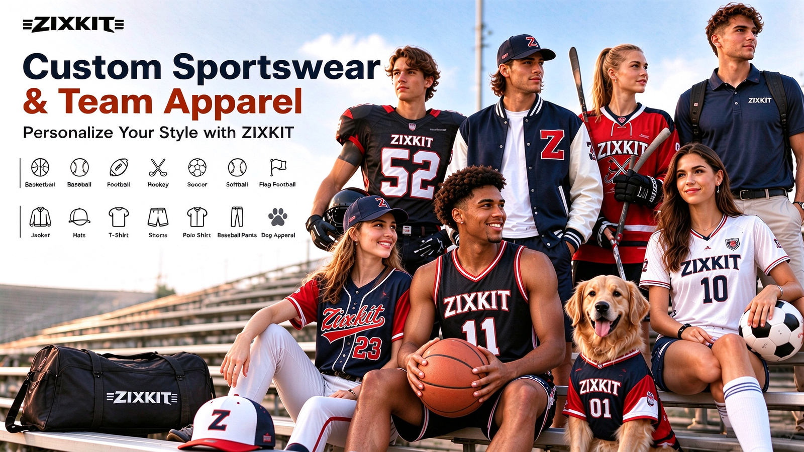 ZIXKIT custom sportswear and team apparel featuring basketball, baseball, football, hockey, soccer jerseys, jackets, hats, shorts, polo shirts, and dog apparel.