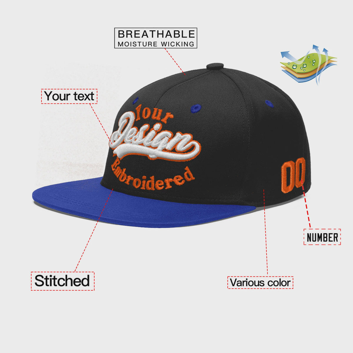 Custom Black Royal Blue 3D Puff Embroidery Flat Embroidery Casual Sport Baseball Cap