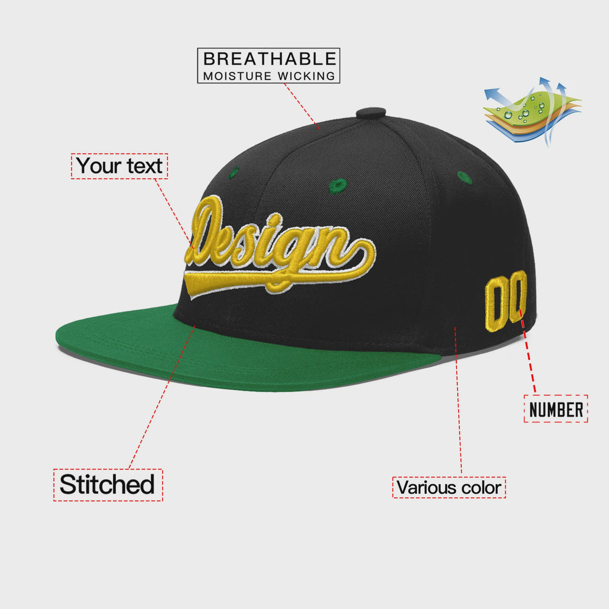Custom Black Kelly Green 3D Puff Embroidery Flat Embroidery Casual Sport Baseball Cap