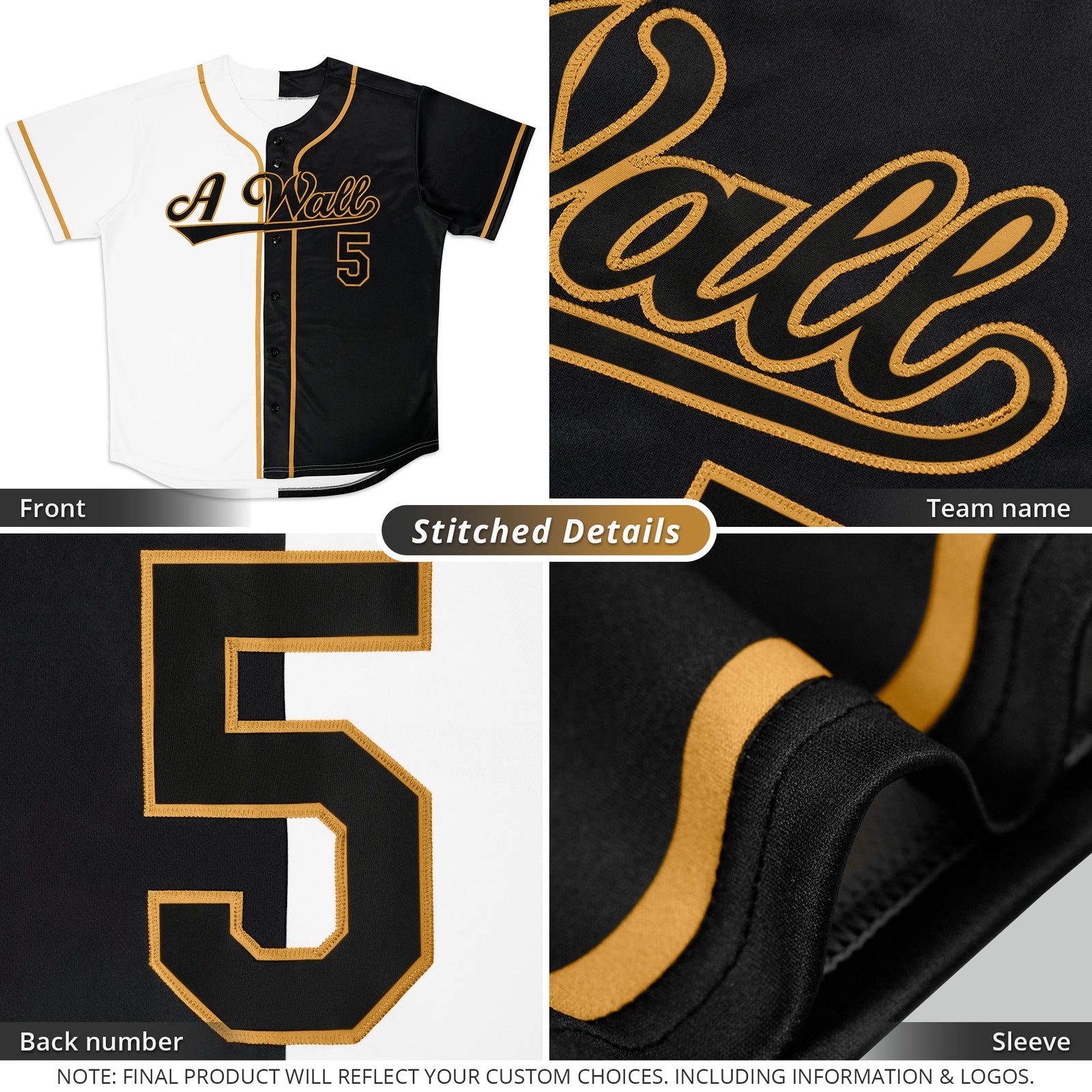 Custom Black White-Old Gold Split Fashion Authentic Baseball Jersey