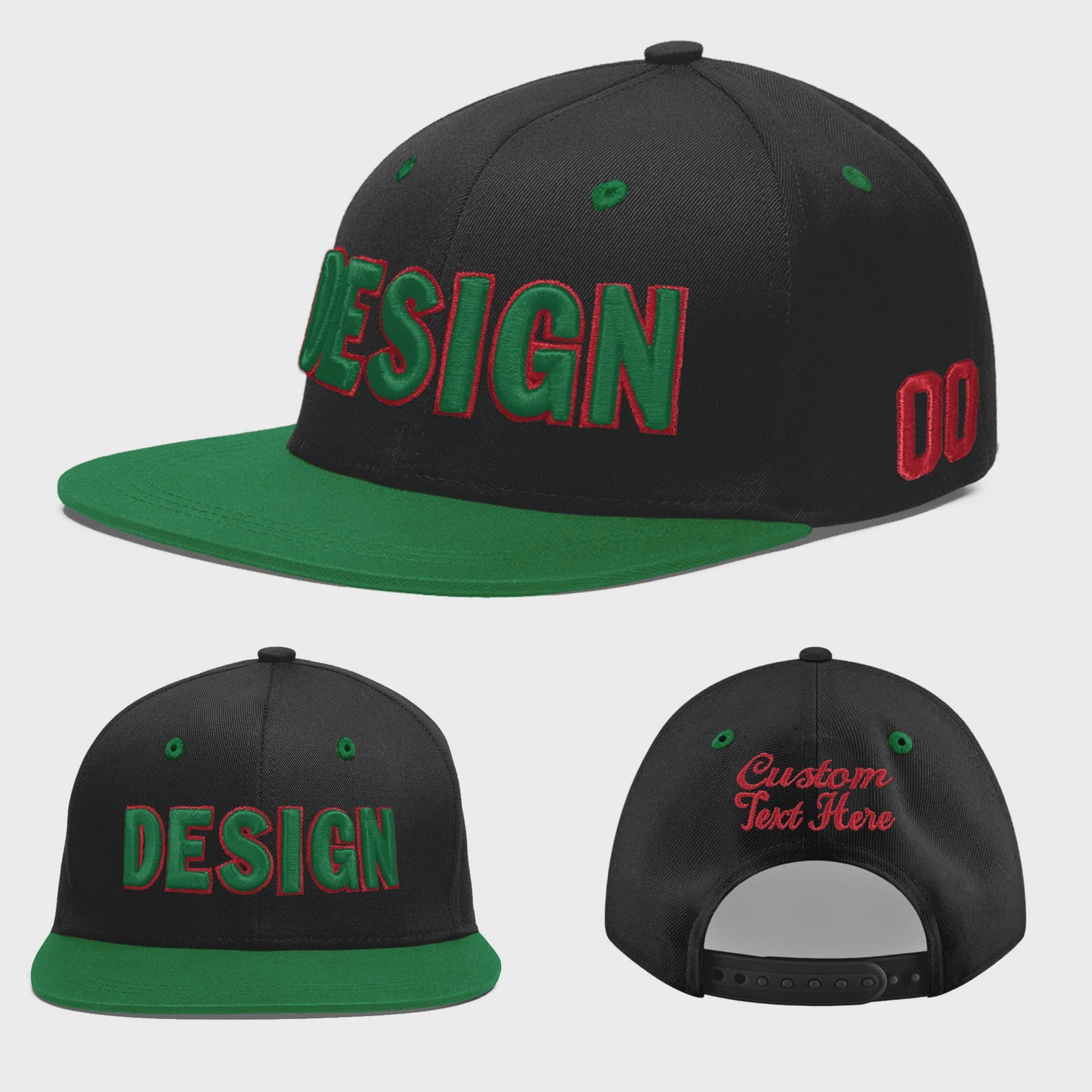 Custom Black Kelly Green 3D Puff Embroidery Flat Embroidery Casual Sport Baseball Cap