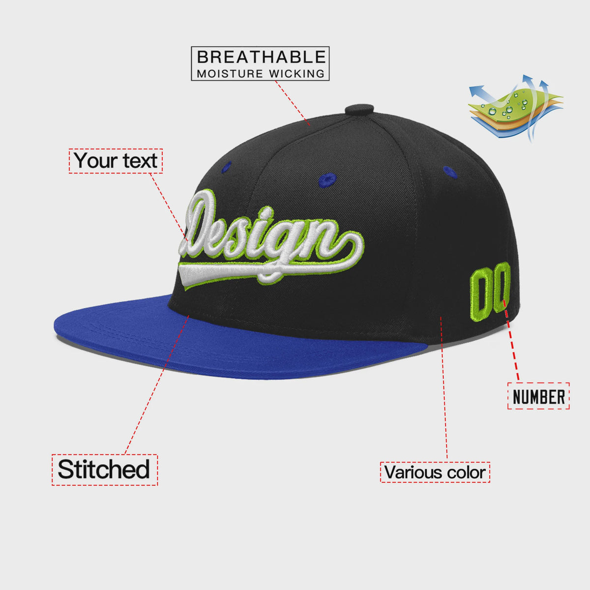 Custom Black Royal Blue 3D Puff Embroidery Flat Embroidery Casual Sport Baseball Cap