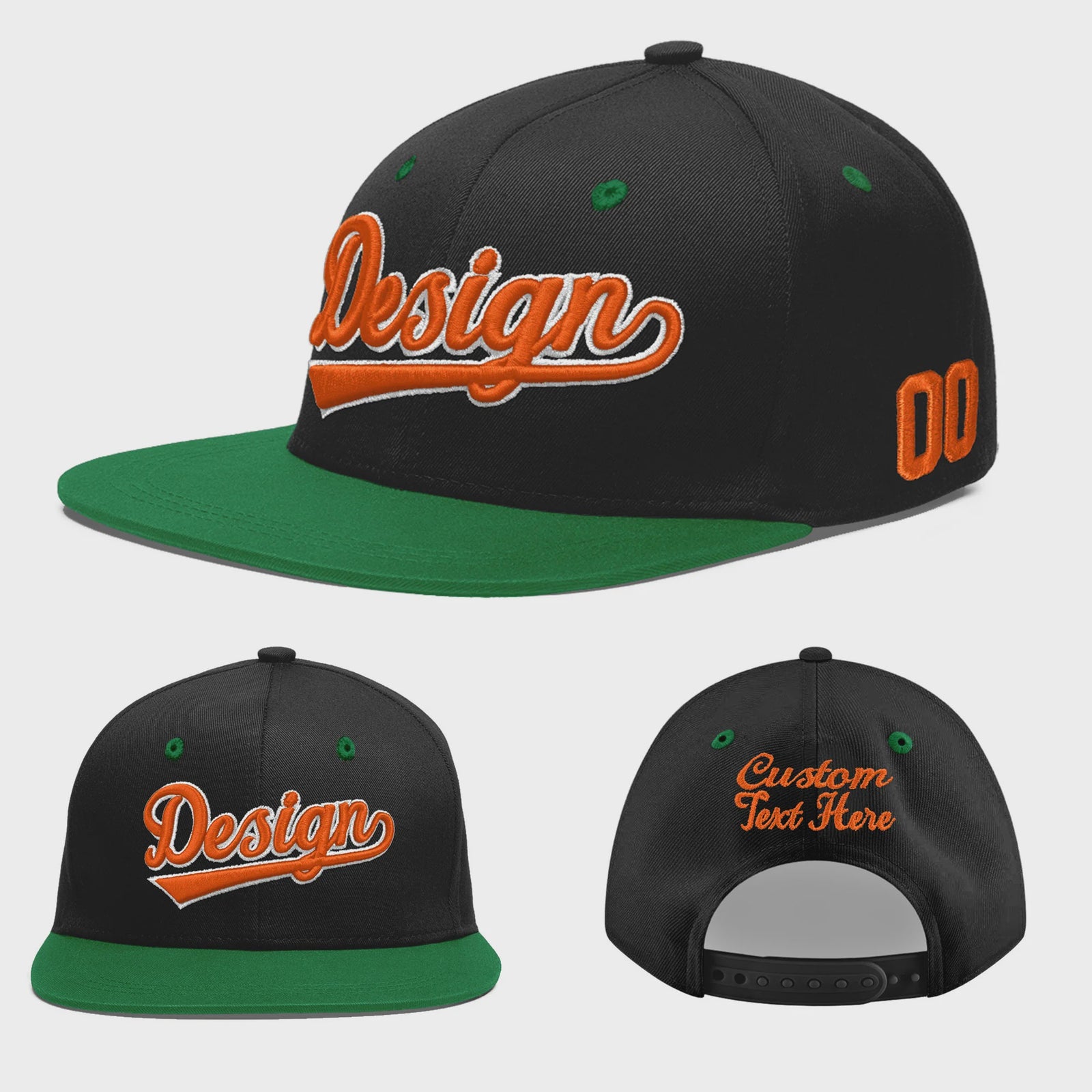 Custom Black Kelly Green 3D Puff Embroidery Flat Embroidery Casual Sport Baseball Cap