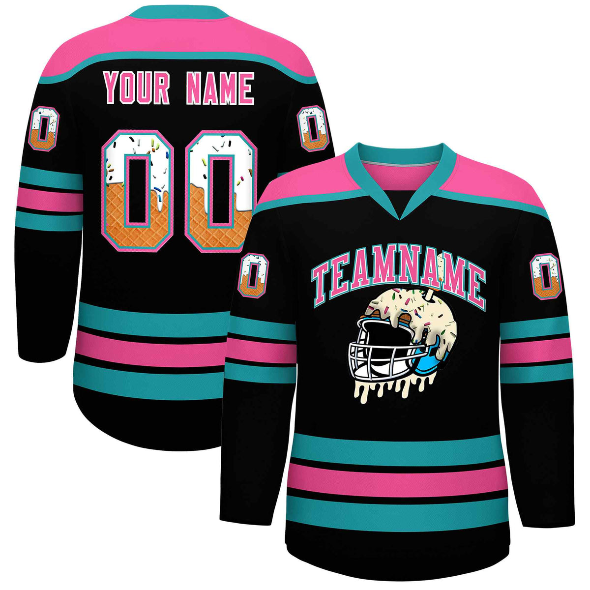 Custom Black Pink Ice Cream Helmet Pattern Personalized V-Neck Hockey Jersey