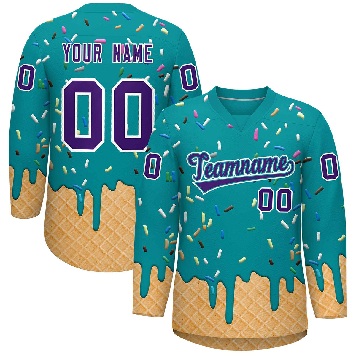Custom Teal Purple Ice Cream Pattern Personalized V-Neck Hockey Jersey