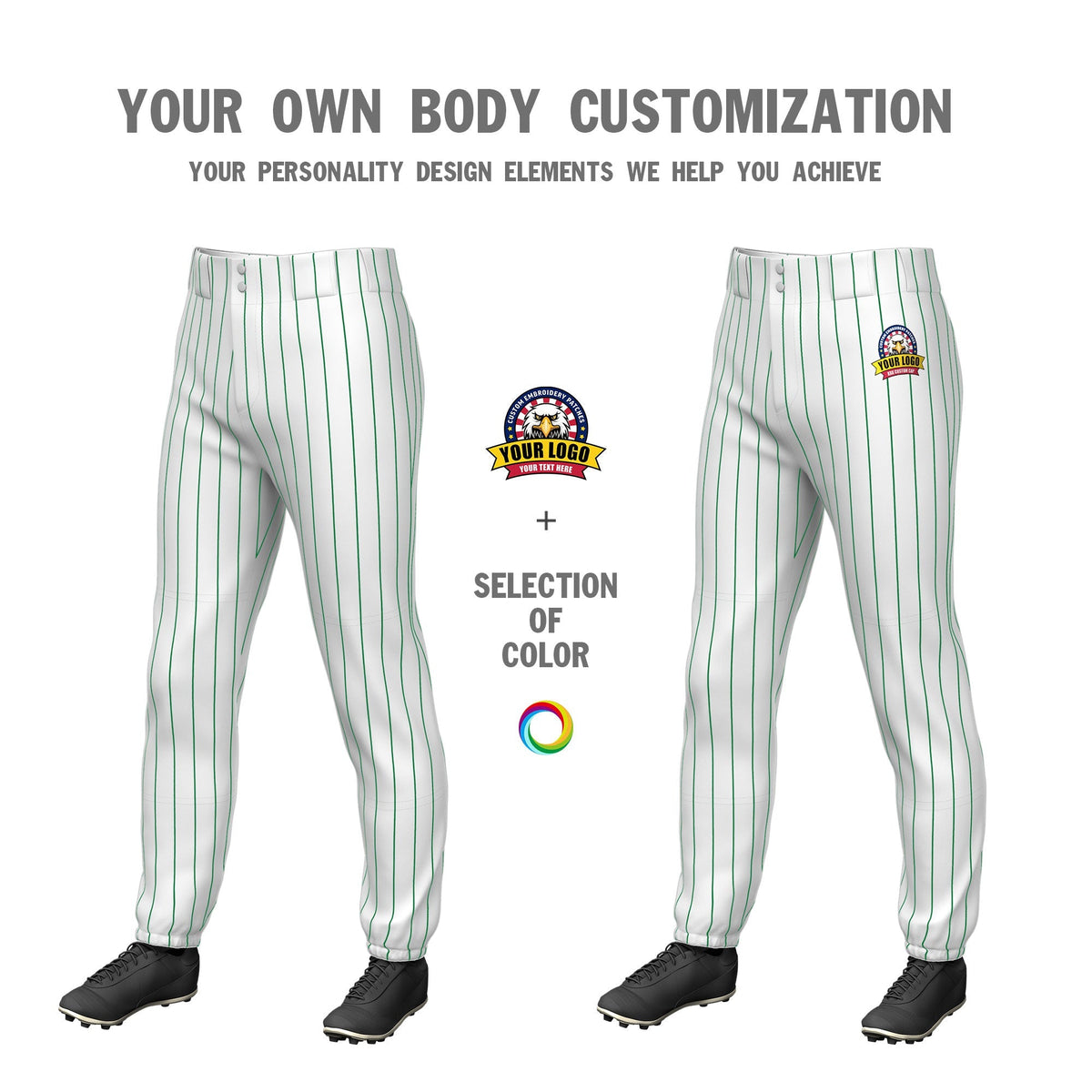Custom White Kelly Green Pinstripe Fit Stretch Practice Pull Up Baseball Pants