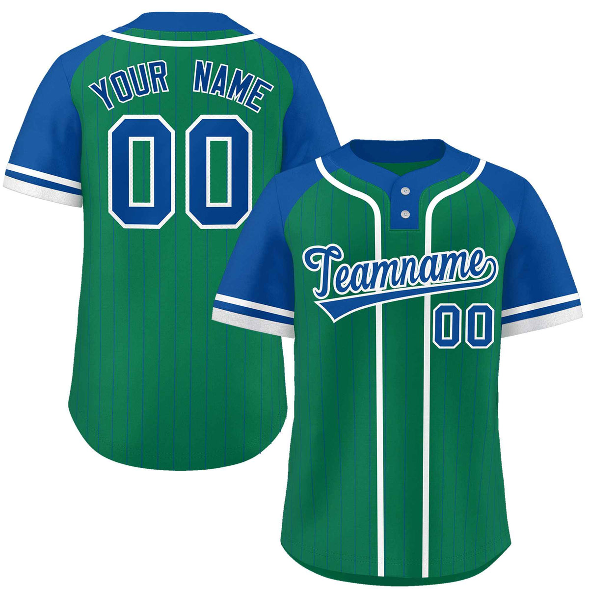 Custom Kelly Green Royal-White Stripe Fashion Raglan Sleeves Authentic Two-Button Softball Jersey