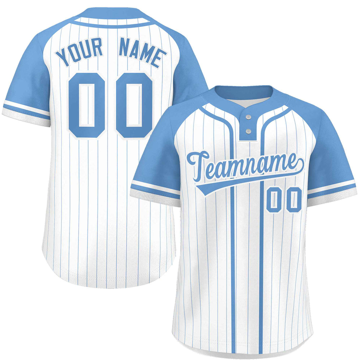 Custom White Light Blue Stripe Fashion Raglan Sleeves Authentic Two-Button Softball Jersey