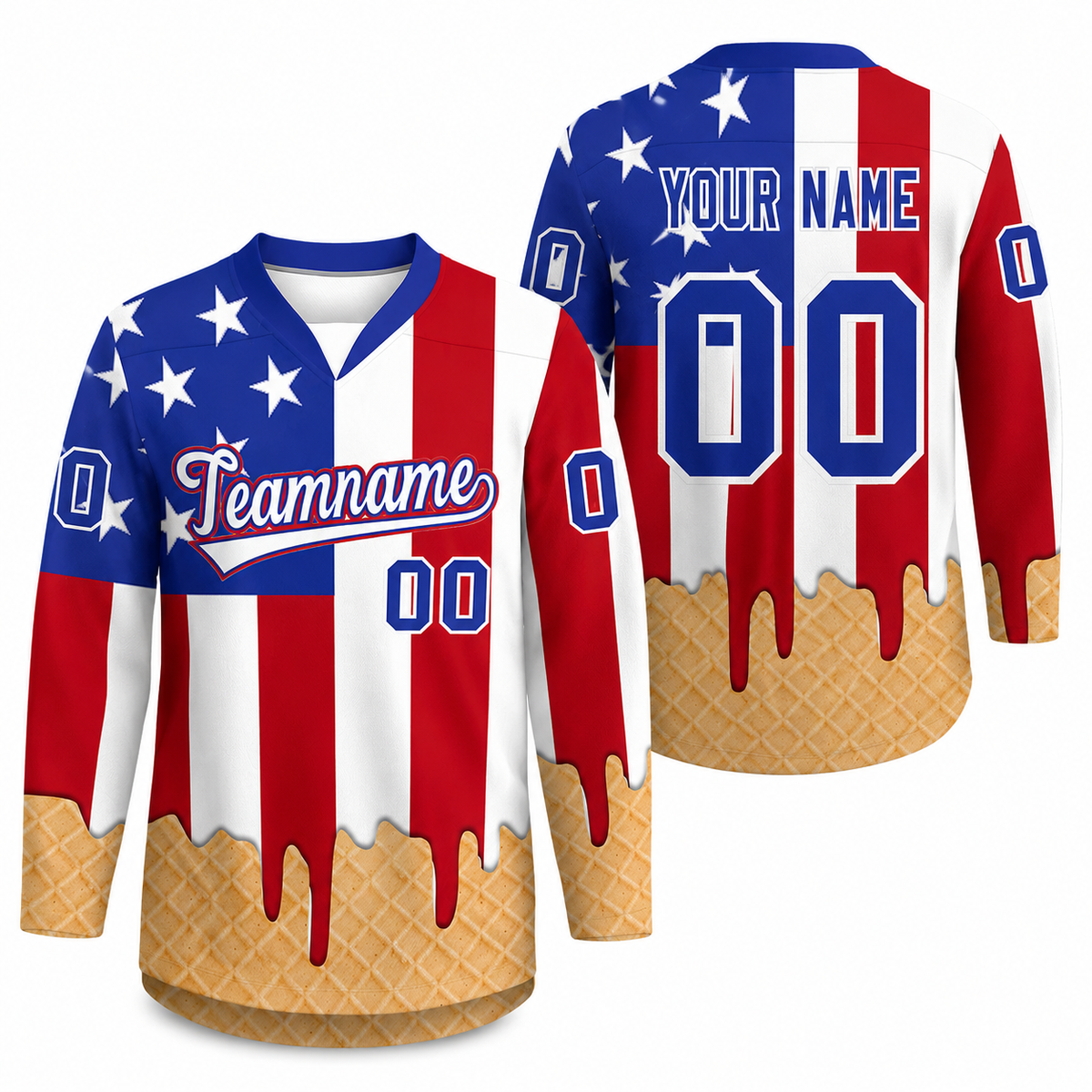 Custom American Flag White Ice Cream Pattern Personalized V-Neck Hockey Jersey