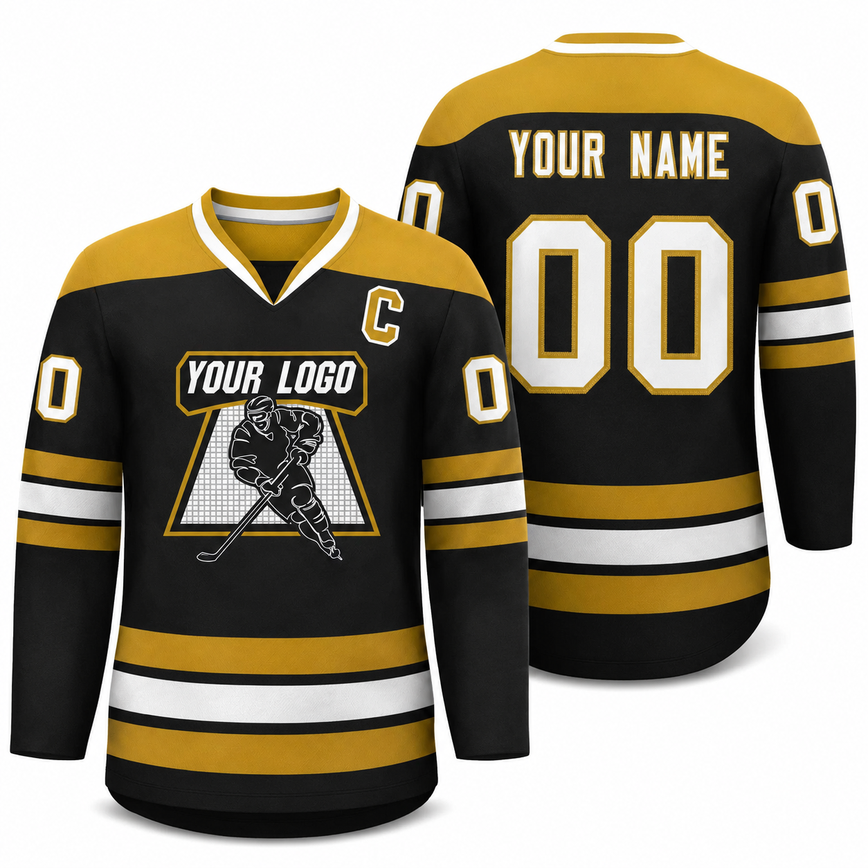 Custom Black Old Gold-White Personalized Classic V-Neck Hockey Jersey