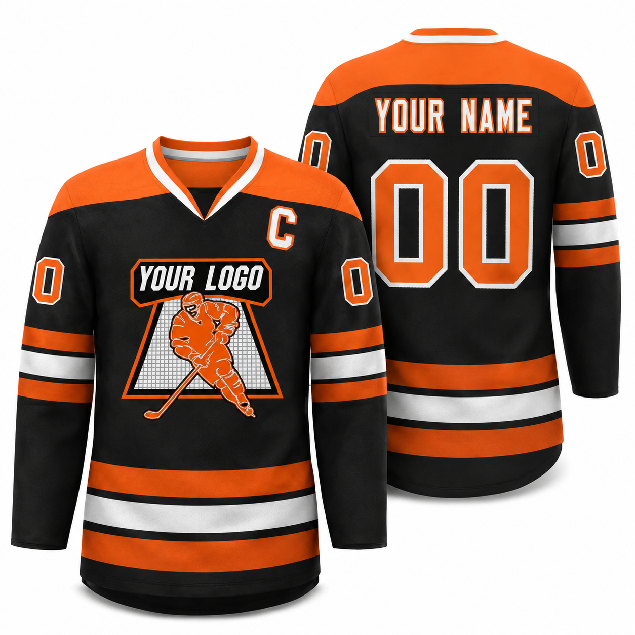 Custom Black Orange-White Personalized Classic V-Neck Hockey Jersey