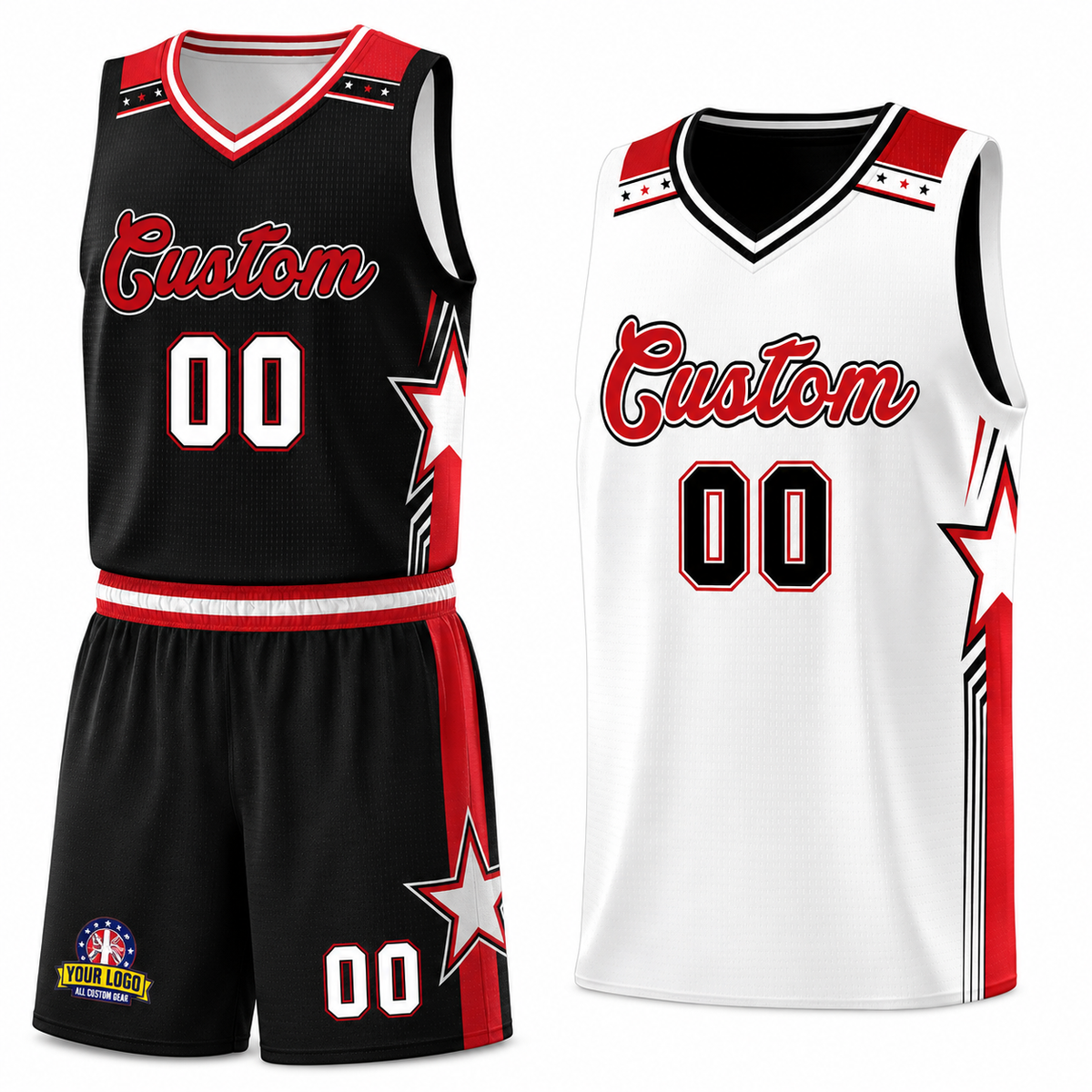 Custom Black White Red Star Graffiti Pattern Double Side Sets Basketball Uniform