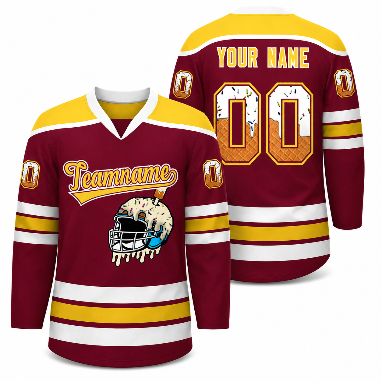 Custom Crimson Gold Ice Cream Helmet Pattern Personalized V-Neck Hockey Jersey