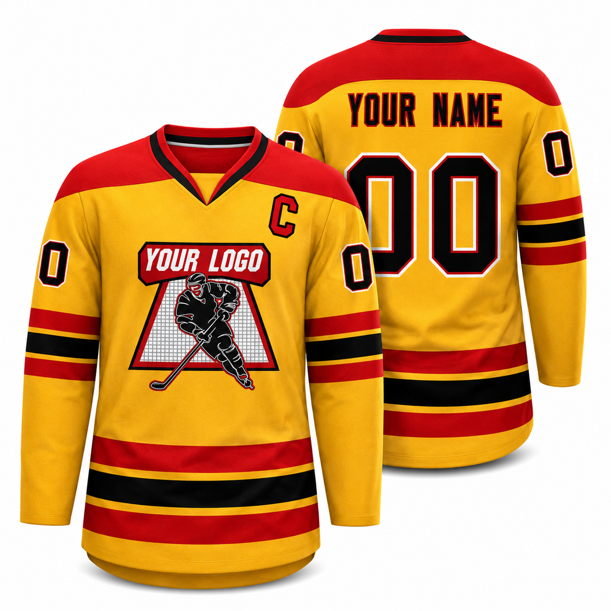 Custom Gold Red-Black Personalized Classic V-Neck Hockey Jersey
