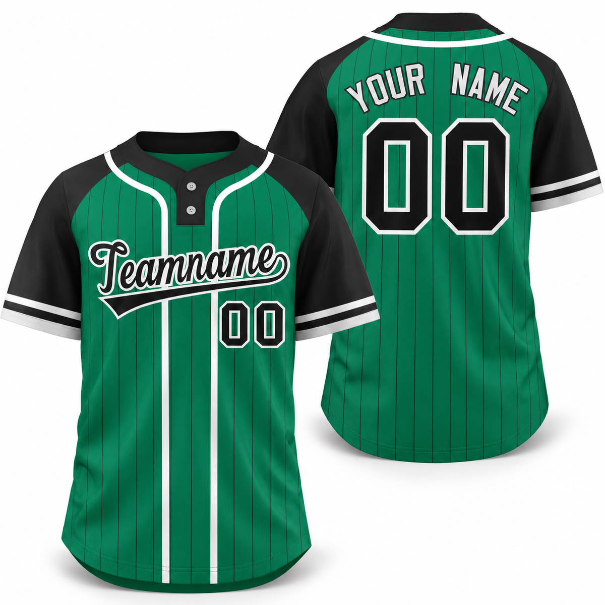 Custom Kelly Green Black-White Stripe Fashion Raglan Sleeves Athletic Two-Button Softball Jersey